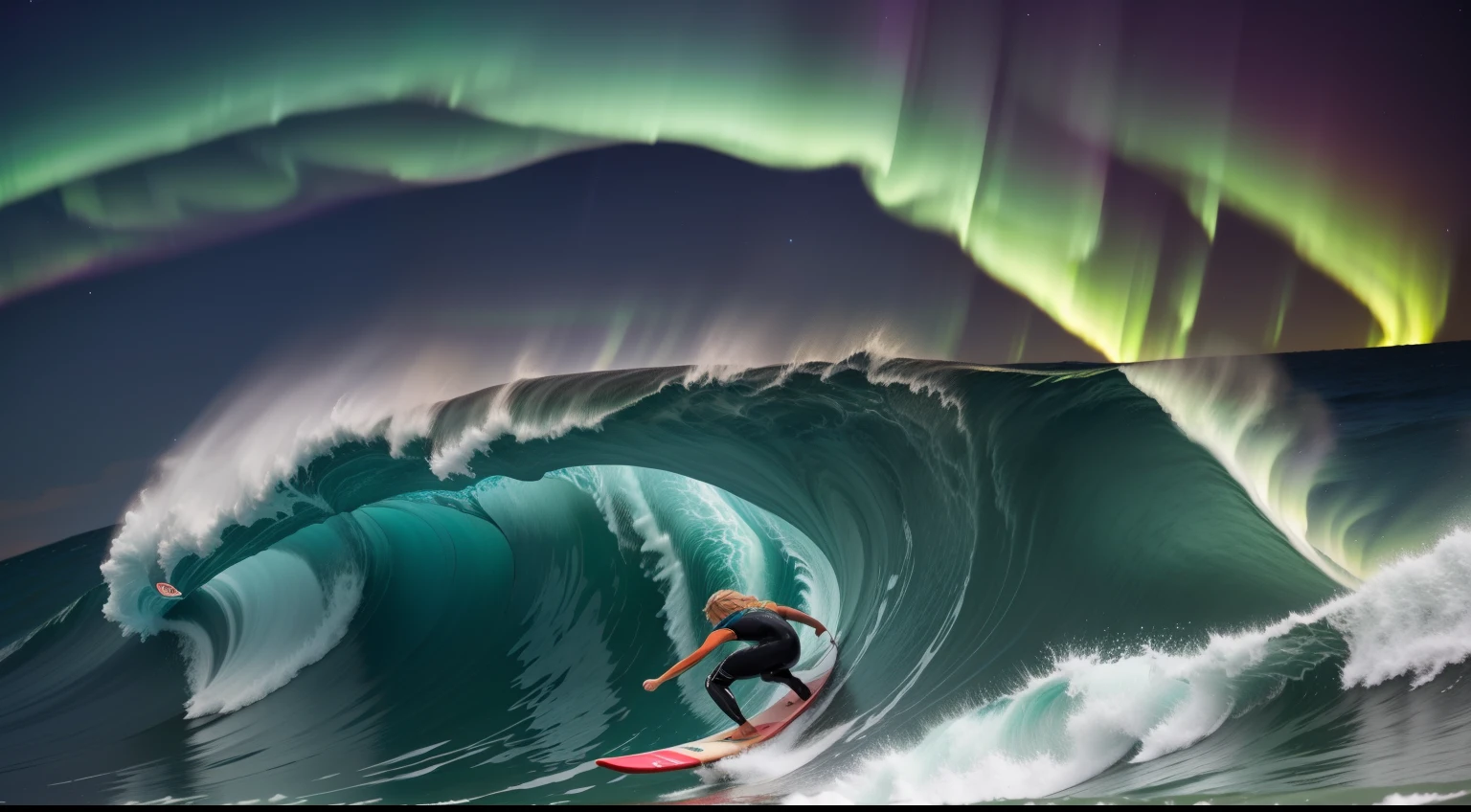 Surfer of Aurora Waves:
Visualize a teen surfer riding waves of Northern Lights, carving luminous arcs against the night sky's canvas.