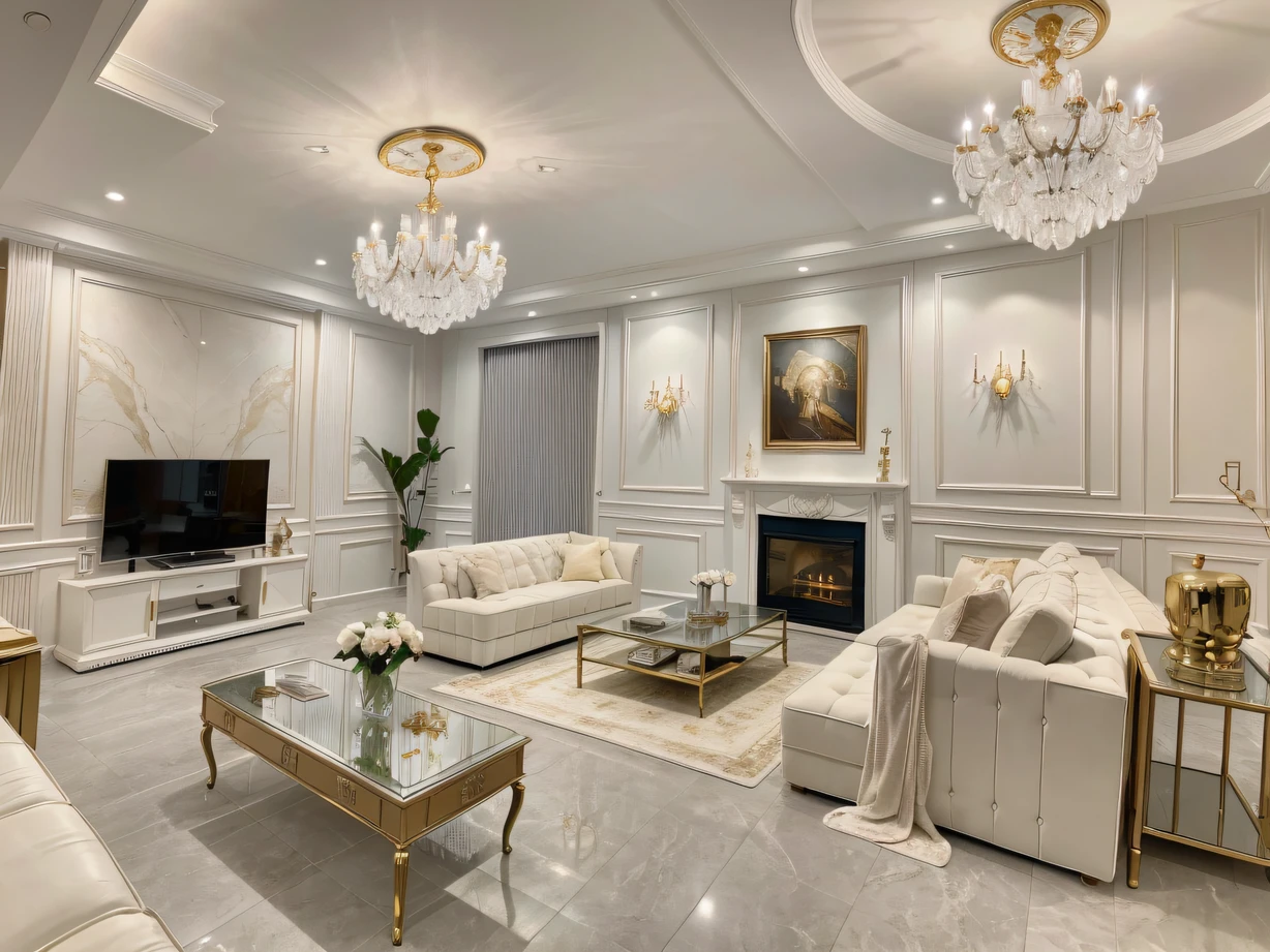 ,masterpiece, best quality,8k, ultra highres,The living room is like a mysterious and quiet forest,The entire wall is covered with huge transparent glass,Exudes a fairy-like glow。Giant crystal chandeliers hang from above,Like stars in the sky,Silver-white furniture and velvet sofas are accentuated。On the solid gold coffee table by the fireplace is an ancient book,The ancient font exudes a cultural charm。Under the feet is a soft carpet,It's like stepping on fluffy cotton。