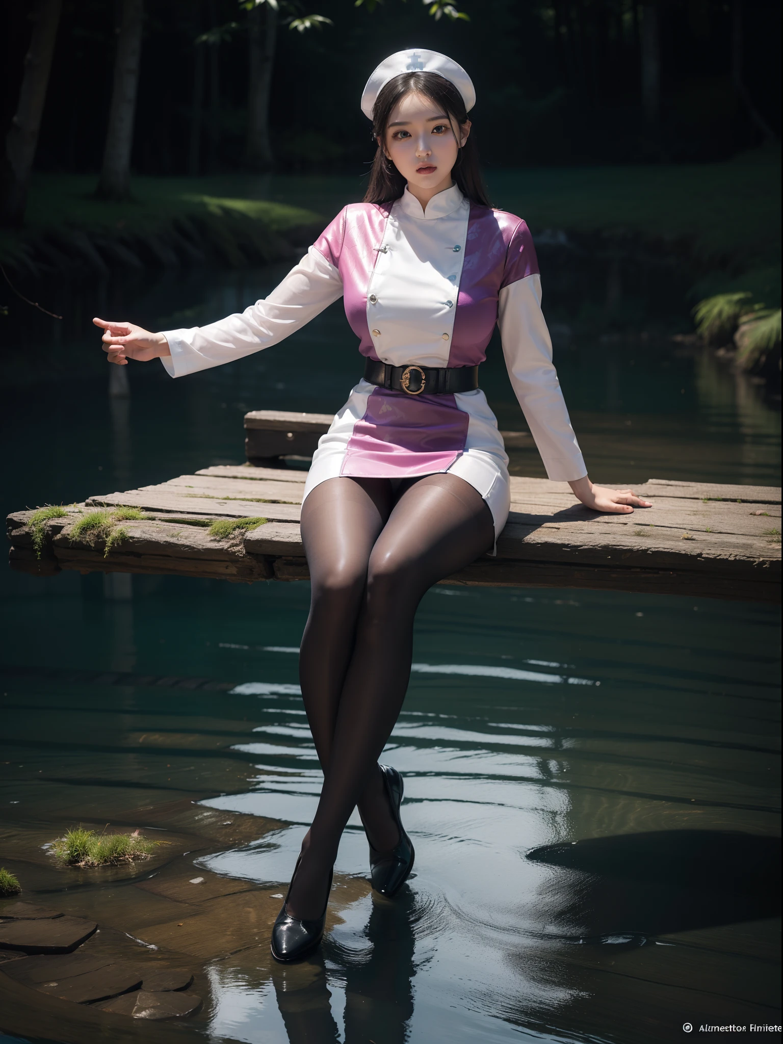 (full body:2),(1girl:1.3),(view the viewer:1.4),(anatomy correct:1.5),(Sitting by the creek,:1.35),(Polished Satin finish pantyhose:1.4),(A mature and sensual woman Wear printed fantasy soldiers SET and polished Uniform women's leather shoes :1.35),(A woman with large buttocks, breasts, and a slender waist:1.4), (Light particle effect:1.3),(In pink | amarelo | blue colors| green color |red color | white colors| black in color| purplish color| greys| Beige| Flesh color 1.4),(Glowing eyes:1.3),(Large amplitude action: 1.3),(Accurate and perfect face:1.4),hyper HD, Ray traching, reflective light,structurally correct, Award-Awarded, high detail, lighten shade contrast, Face lighting ,cinmatic lighting, masterpiece, super detailing, high quality, high detail, best quality, 16k,High contrast,
