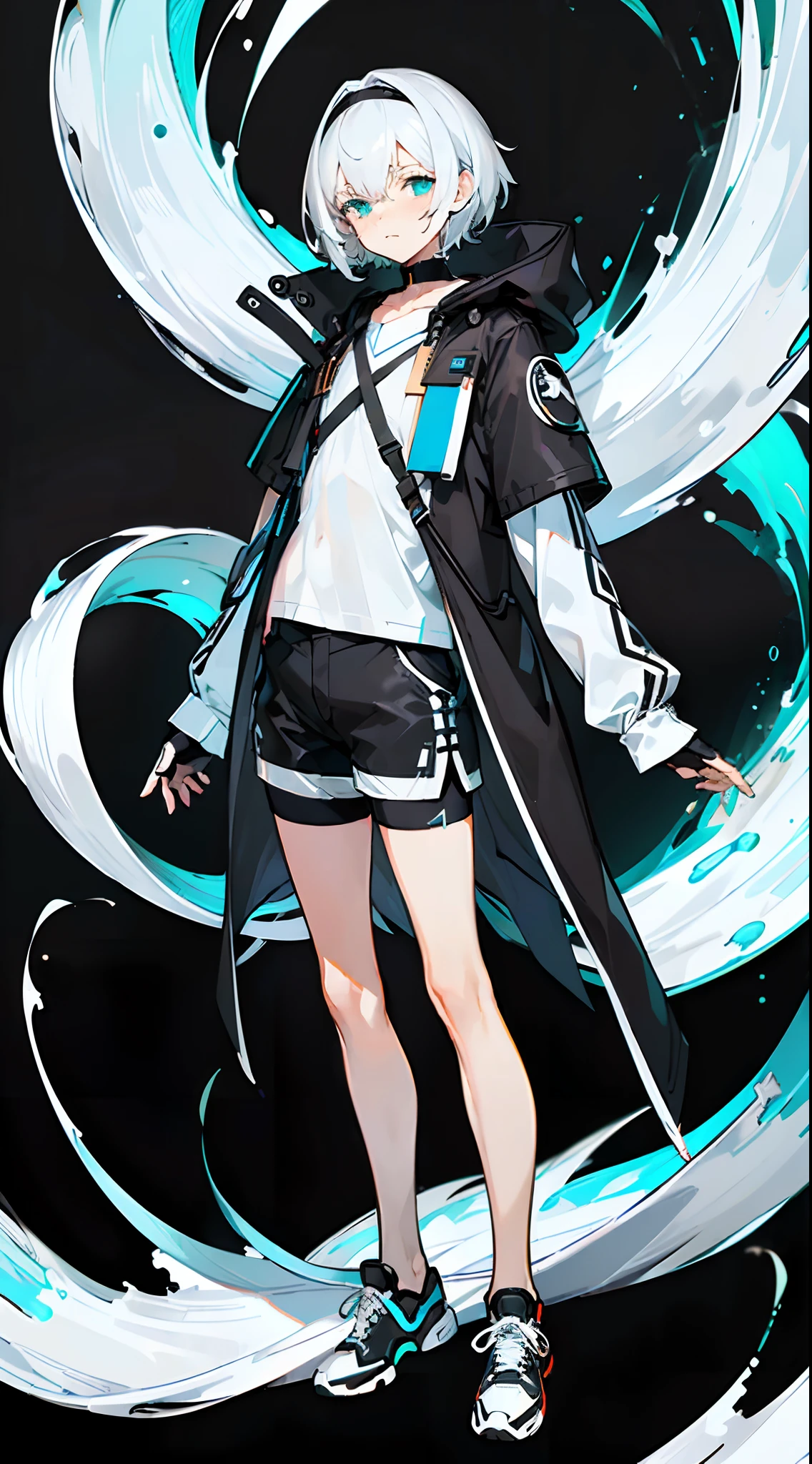 Masterpiece, Best quality, Solo,Boy, White hair,Short hair, (White shirt:1.4),(Black shorts:1.5), blackfootwear, full bodyesbian, shirt, Shorts, Coat, Open coat, view the viewer, Hood, Sneakers, Open clothes, Black coat, (Flat chest:1.7), No breasts,Long sleeves, bangs, Fingerless gloves, Short hair, hair between eye,(Pure black background:1.4),Normal standing