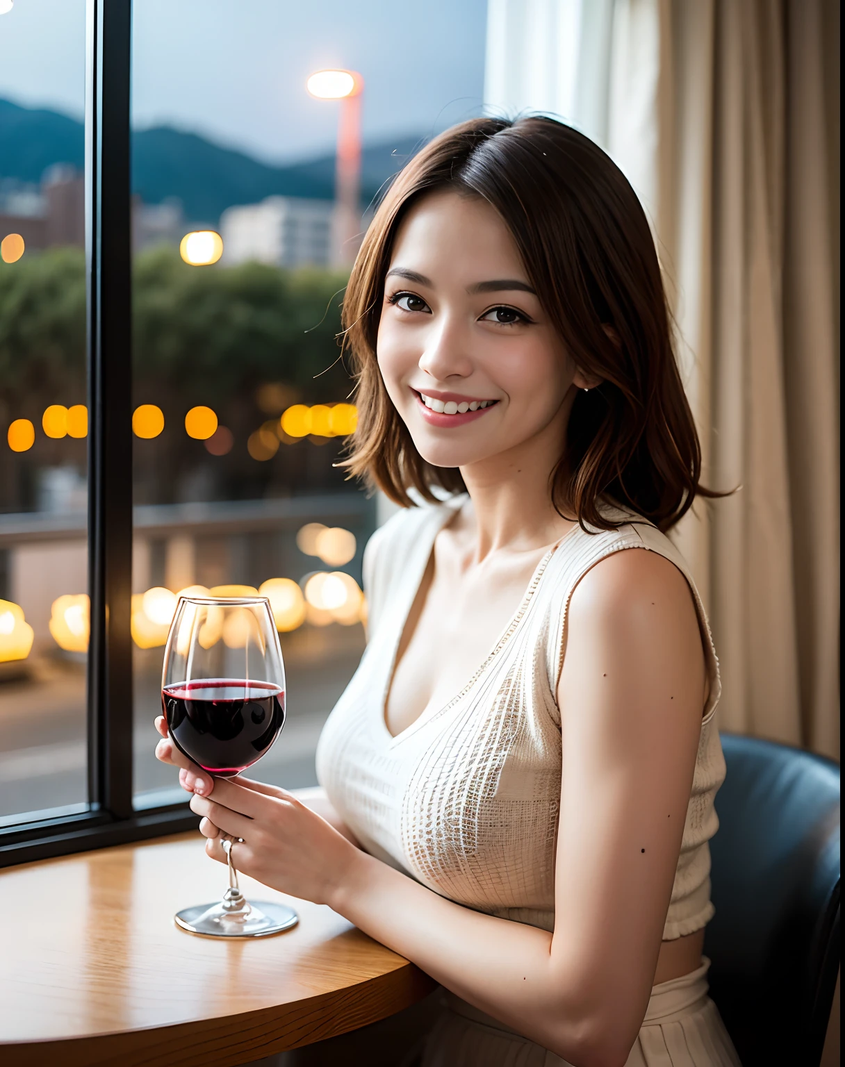 (64K, UHD, top quality, masterpiece: 1.2), (realistic, photorealistic: 1.37), super detailed, pretty woman 1 person, (slim face), (slim body), (brown hair), (short cut), cheeks slightly blushing, (44 years old), 38 years old, solo, beautiful detailed urban night view outside the window, restaurant, wine glasses sit, at night, in a prominent placeNovaFrogStyle, Actress, Model, Waist Up, White Wine, Slim, Wine Glass, Super Clean Night View, Wine Glass Put in the Middle, Happy Smile, (Smile: 1.15), Beautiful Fine Eyes, Upper Body, Bust Japan Up, Night, Short, Short, Actress, Model, Waist Up, White Wine, Slim, Wine Glass, Super Clean Night View, Wine Glass Put in the Middle, Happy Smile,