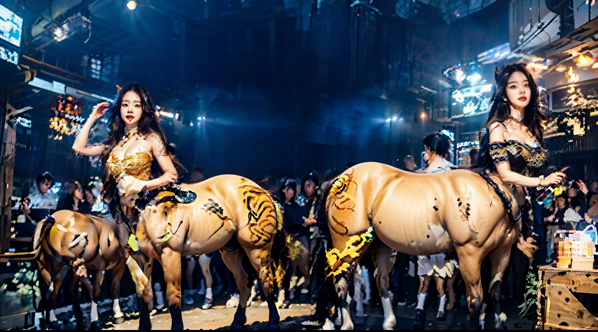 Ultra-grand scenes，The ultra-wide-angle lens captured the presence of a female centaur on location。The change in clothing does not affect the presentation of her physical characteristics。The extremely tall body of the female centaur has a tight and extremely convex large curve S-shaped curve，Her muscles are tight and her lines are slender, resulting in extremely exaggerated visual effects，The female centaur has slender and graceful lines。With tough and coquettish facial features, she is always as cheerful as the sun，Skyscraper Heels, a multifunctional off-road style with a strong sense of technology, was stepped on by her，Sometimes only her graceful figure can be seen，But her eyes shining like flame were always bright，She wears delicate and practical field gear on her hands, feet, wrists, neck and shoulders，The high-tech detection equipment flashes a variety of cue lights and neon-like information light screens，Let her always be surrounded by a charming colorful brilliance。Use Midjourney's advanced stroke tools and color palettes, as well as tools like texture packs and model packs, to dress female centaurs with inspired special tights and gear，While having good performance，Reflect her unique physiological characteristics in different postures and handle the corresponding appearance details，Make the picture look more coordinated，Add realism even further。The adventures of the female centaur always offer spectacular views of these magnificent and magnificent scenery at a glance：Suddenly, the storm suddenly cleared the sky，With the glow, the river of stars and colorful auroras, meteors and bright moons rise，On the horizon, the snow-capped peaks of Mount Everest in the distance reflect the colorful sky，The fireworks of the mountain town also appear quiet next to the lake and mountains，The babbling valley that stretches to the foot of the mountain flows into the endless Hanhai and the blue ice is beautiful to the point of suffocation，Healthy Avenue connects to Long Beach