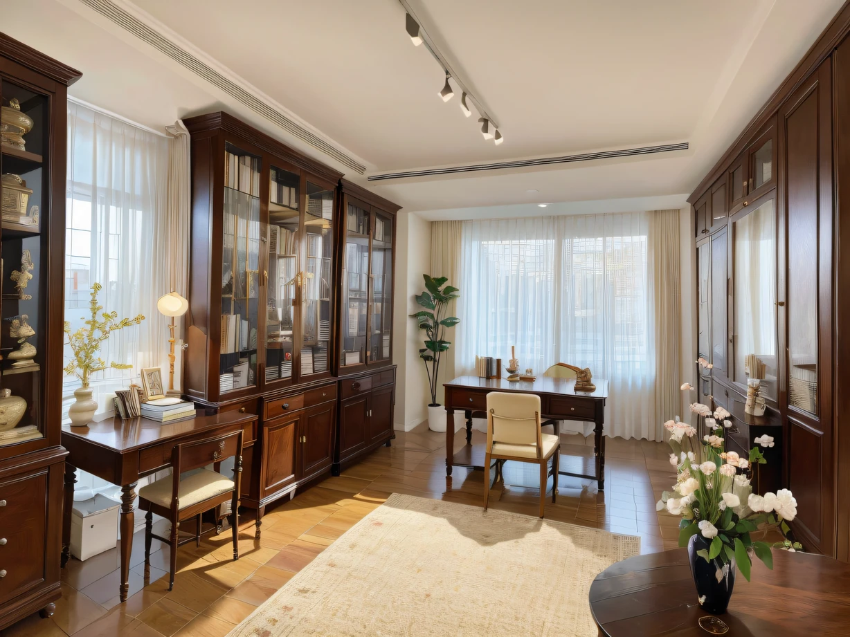 ,masterpiece, best quality,8k, ultra highres,The study is a temple of wisdom,Airy glass curtains bring in soft sunlight。The huge bookshelves are filled with precious ancient books and various literary works,Exudes the smell of books。The desk is neatly stocked with beautiful stationery and antique dolls,Immerse yourself in good memories。On the wall hangs a painting of a famous artist,Like a pearl in the sea of books。in a comfortable chair,It's like talking to wisdom。