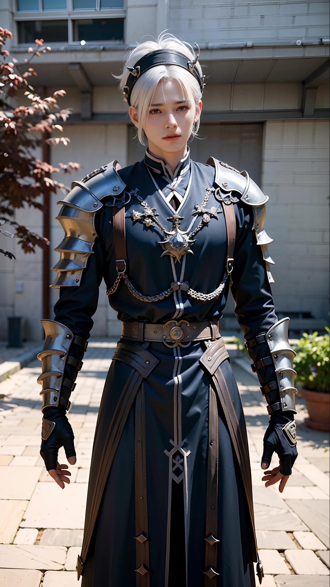 1boy,white hair, best quality, photo, 4k,looking at viewer,full body,wear dragon armor,