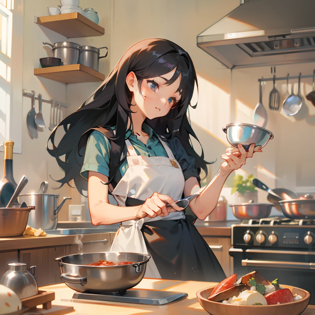 A girl with long black hair and an apron,Cooking in the kitchen,Hold the bowl in your right hand,Hold a spoon in your left hand