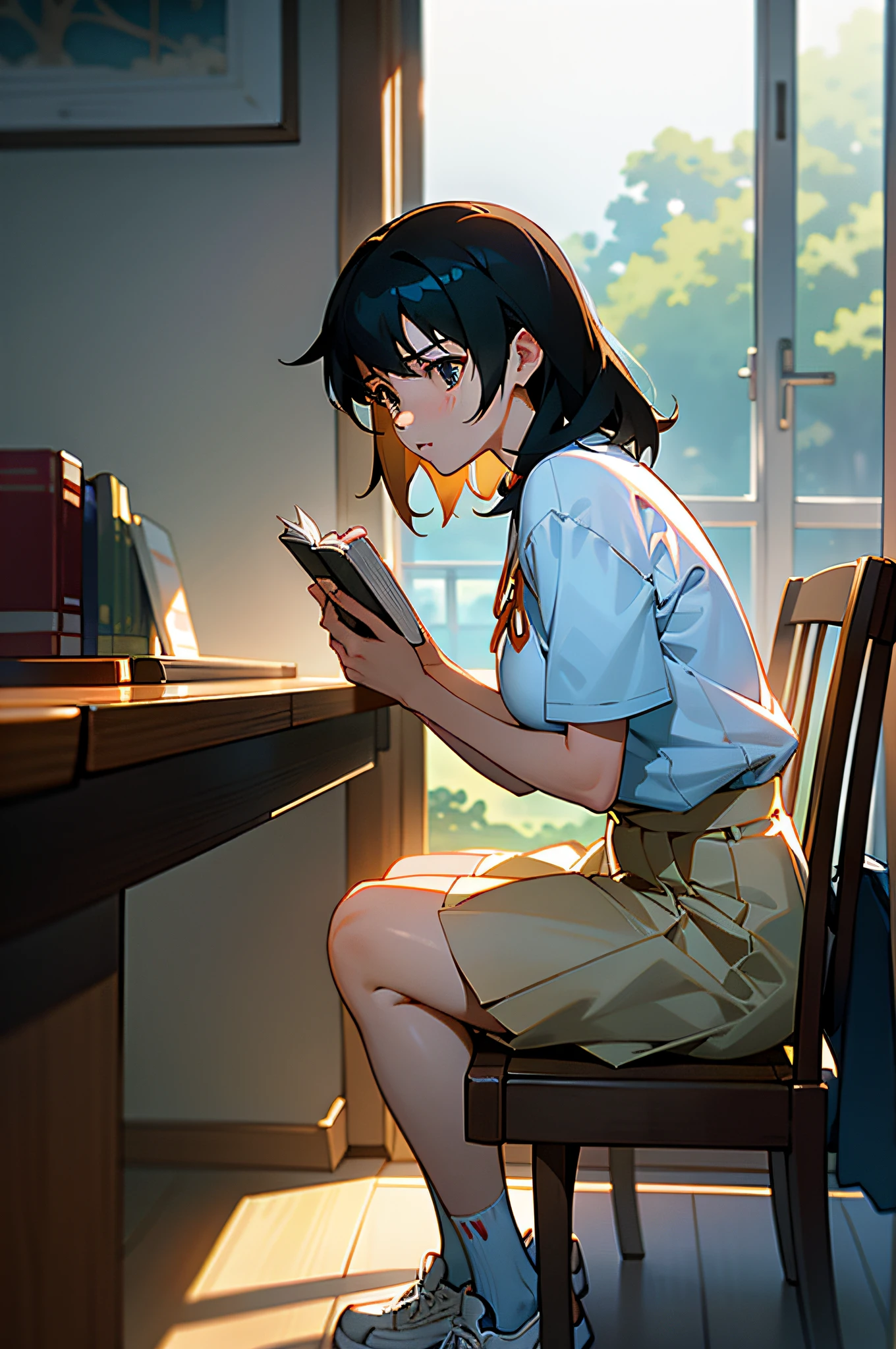 there is a woman sitting in a chair reading a book, Read a book in your room,,Keep your eyes on the book,Face-to-face books,Sit at your desk,Sit sideways in a chair,Large room, , , anime big breast. Soft lighting, Makoto Shinkai Makoto Shinkai Studio, ,angle of view,hyper HD, Masterpiece,Mathematically correct,Best quality,s delicate face,beautiful face,Wearing a Japanese high school girl school uniform,short skirt,short- sleeved,Student clothing,8K分辨率,The is very detailed,grand master,Sunlight spills in,Warm atmosphere,Full characters,Long black hair,Orange sunlight,White sneakers,Look at the book in your hand