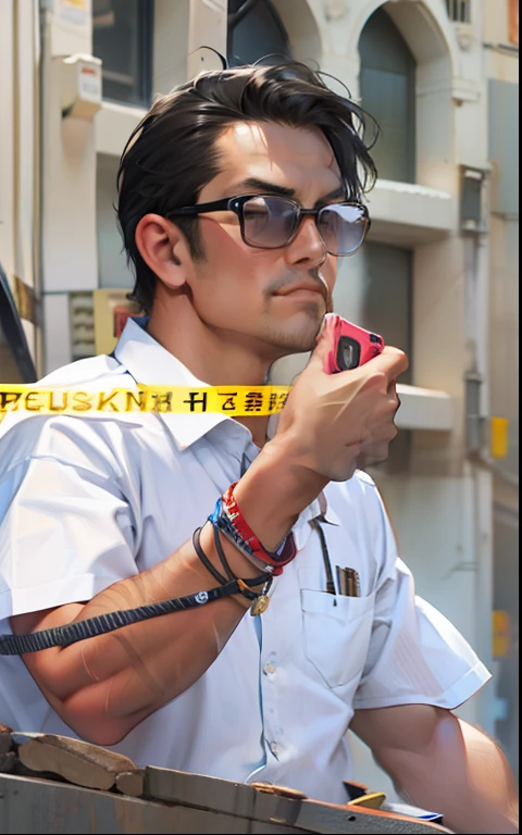 A man with a pager，Wear a short-sleeved shirt，Cinematic texture