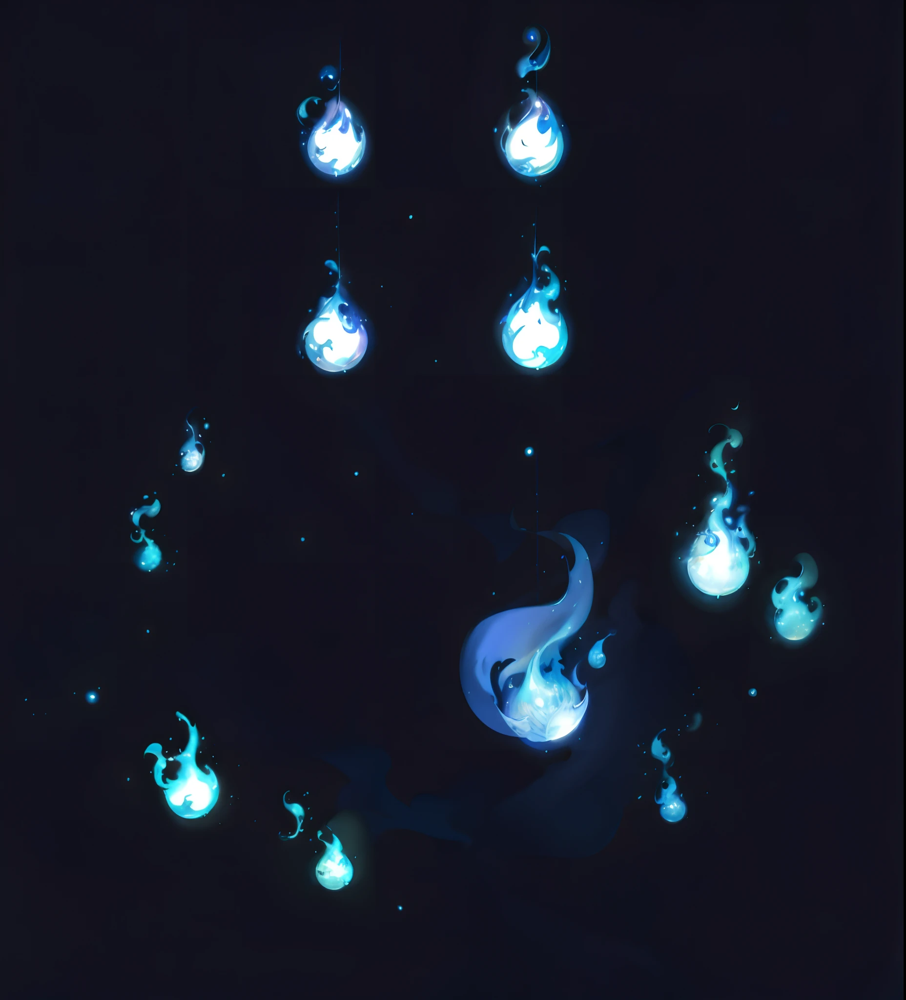 A painting of a blue flame,Ghost fire,fluorescence,blue flame,best qualtiy,Fantasyart,anime scene,Starry sky environment,Anime background art,dream scenery art,Fantastic night, anime backgrounds, background artwork, dreamlike art, Movie lighting,Detail enhancement。