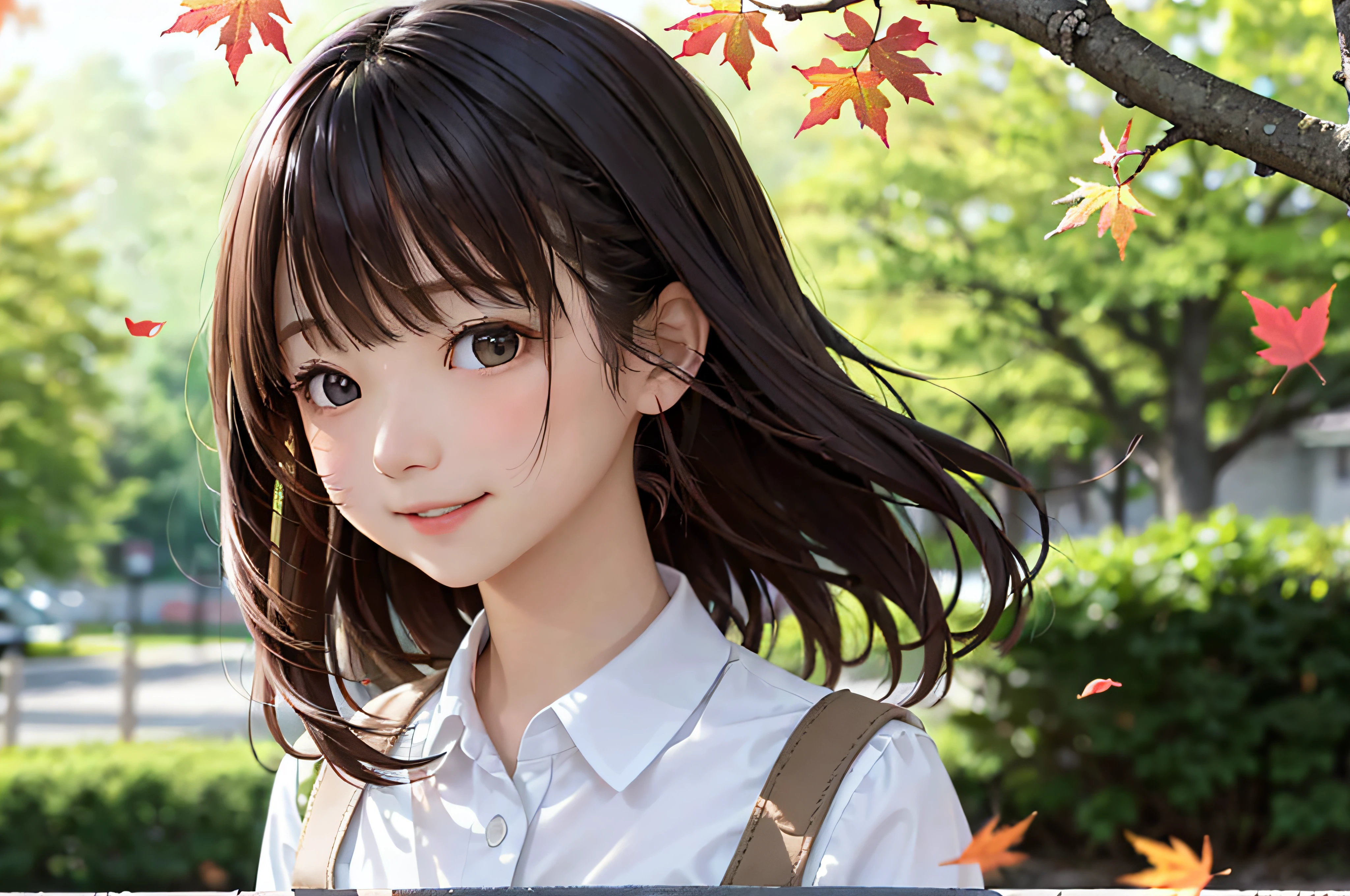 The background is a tree with blurred autumn leaves々、hi-school girl、校服、Close-up in profile、1人、Shoulder、enticing、smil、​masterpiece、top-quality、top-quality、超A high resolution、realisitic、8k 、Highly detailed CG、illustratio、ultra-detailliert、finely detail、lighting like a movie、with light glowing、Leaves fluttering in the wind、Medium hair, (real looking skin:1.2)、 Beautiful Girl Beautiful Details、extremely detailed eye and face、Eyes with beautiful details、ultra detailed and beautiful、red blush、embarrassed from、a smile、Hair swaying in the wind、outside of house、daytime、during the day、autumnal