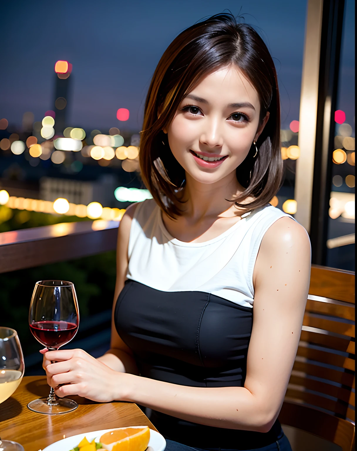 (64K, UHD, top quality, masterpiece: 1.2), (realistic, photorealistic: 1.37), super detailed, pretty woman 1 person, (slim face), (slim body), (brown hair), (short cut), cheeks slightly blushing, (44 years old), 38 years old, solo, beautiful detailed urban night view outside the window, restaurant, wine glasses sit, at night, in a prominent placeNovaFrogStyle, Actress, Model, Waist Up, White Wine, Slim, Wine Glass, Super Clean Night View, Wine Glass Put in the Middle, Happy Smile, (Smile: 1.15), Beautiful Fine Eyes, Upper Body, Bust Japan Up, Night, Short, Short, Actress, Model, Waist Up, White Wine, Slim, Wine Glass, Super Clean Night View, Wine Glass Put in the Middle, Happy Smile,