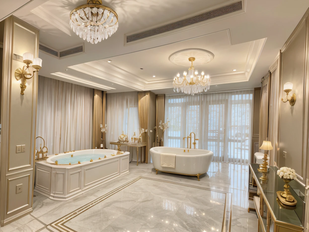 ,masterpiece, best quality,8k, ultra highres,The duplex suite is like a private luxury villa,Ornate chandeliers hang next to the stairs,It shines like fireflies in the starry sky。The living room is furnished with artwork full of design,It's pleasing to the eye。Through huge floor-to-ceiling windows,You can overlook the stunning cityscape。The large bed in the bedroom is obscured by a tulle drapery,Exudes a charming aroma。The spacious and bright bathroom features a luxurious bathtub and sauna facilities,Let people enjoy the comfort of pampering。