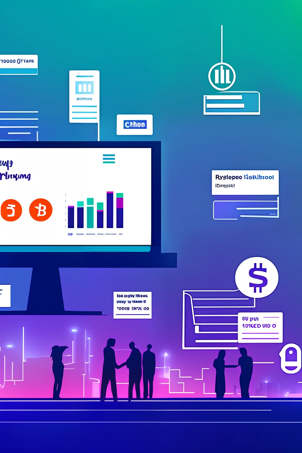 An opening scene of a video advertisement with cityscape with digital billboards displaying cryptocurrency symbols and graphs with people looking up to the board