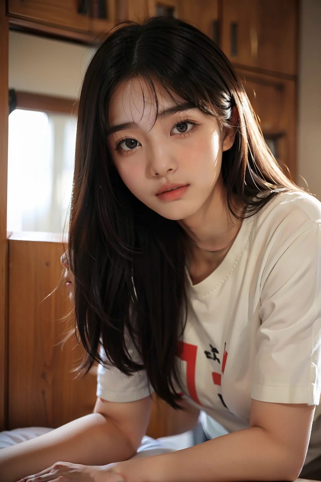 Innocent,female high-school student,mid - length hair,二重まぶた,largeeyes,long eyelasher,Live-action texture,perspire,4k,The feeling of first love,
