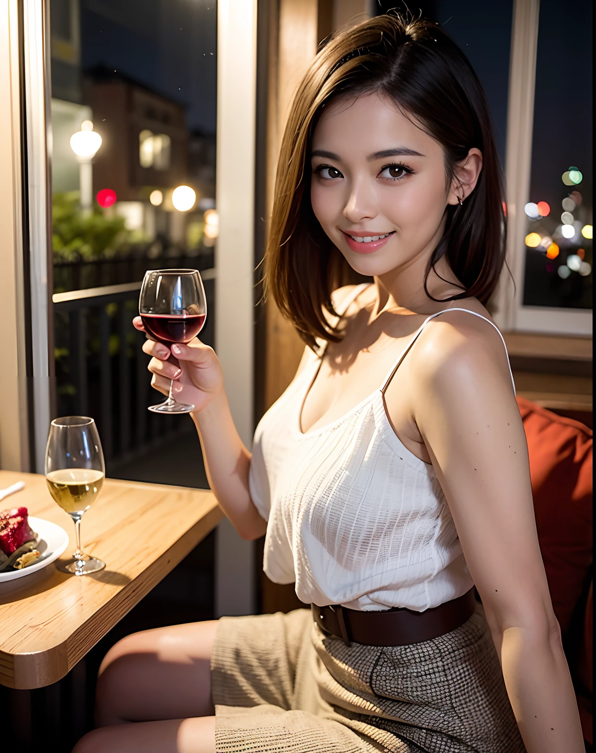 (64K, UHD, top quality, masterpiece: 1.2), (realistic, photorealistic: 1.37), super detailed, pretty woman 1 person, (slim face), (slim body), (brown hair), (short cut), cheeks slightly blushing, (44 years old), 38 years old, solo, beautiful detailed urban night view outside the window, restaurant, wine glasses sit, at night, in a prominent placeNovaFrogStyle, Actress, Model, Waist Up, White Wine, Slim, Wine Glass, Super Clean Night View, Wine Glass Put in the Middle, Happy Smile, (Smile: 1.15), Beautiful Fine Eyes, Upper Body, Bust Japan Up, Night, Short, Short, Actress, Model, Waist Up, White Wine, Slim, Wine Glass, Super Clean Night View, Wine Glass Put in the Middle, Happy Smile,