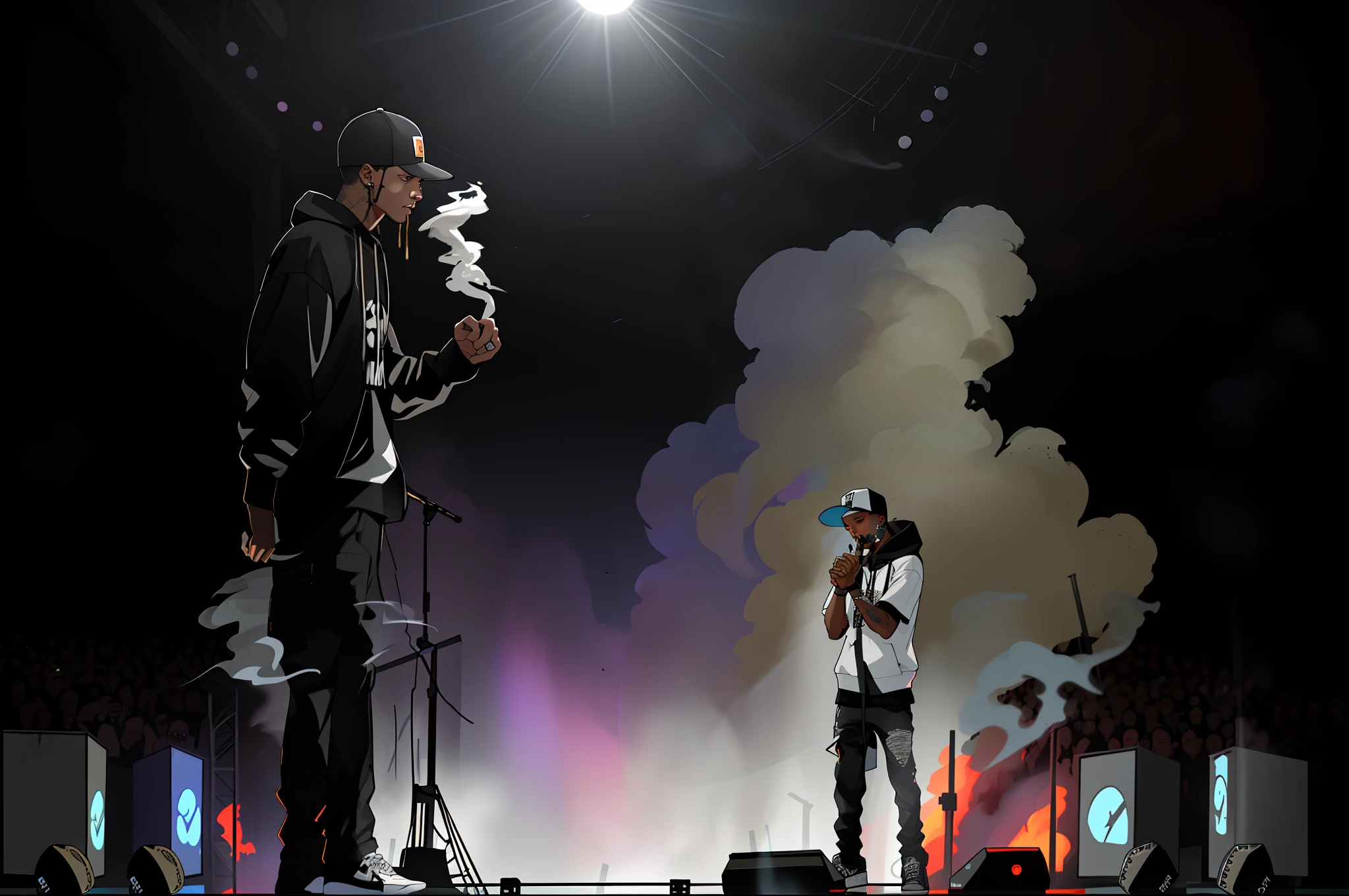 There's a rapper on stage at the show, in front of smoke behind, rap no palco do festival, smoke and gas, Apresentando-se no palco, aceso de lado, smoke in front, in clouds of smoke, In front of the dark smoke, no palco, atmosfera fumegante, with smoke, cena de rap