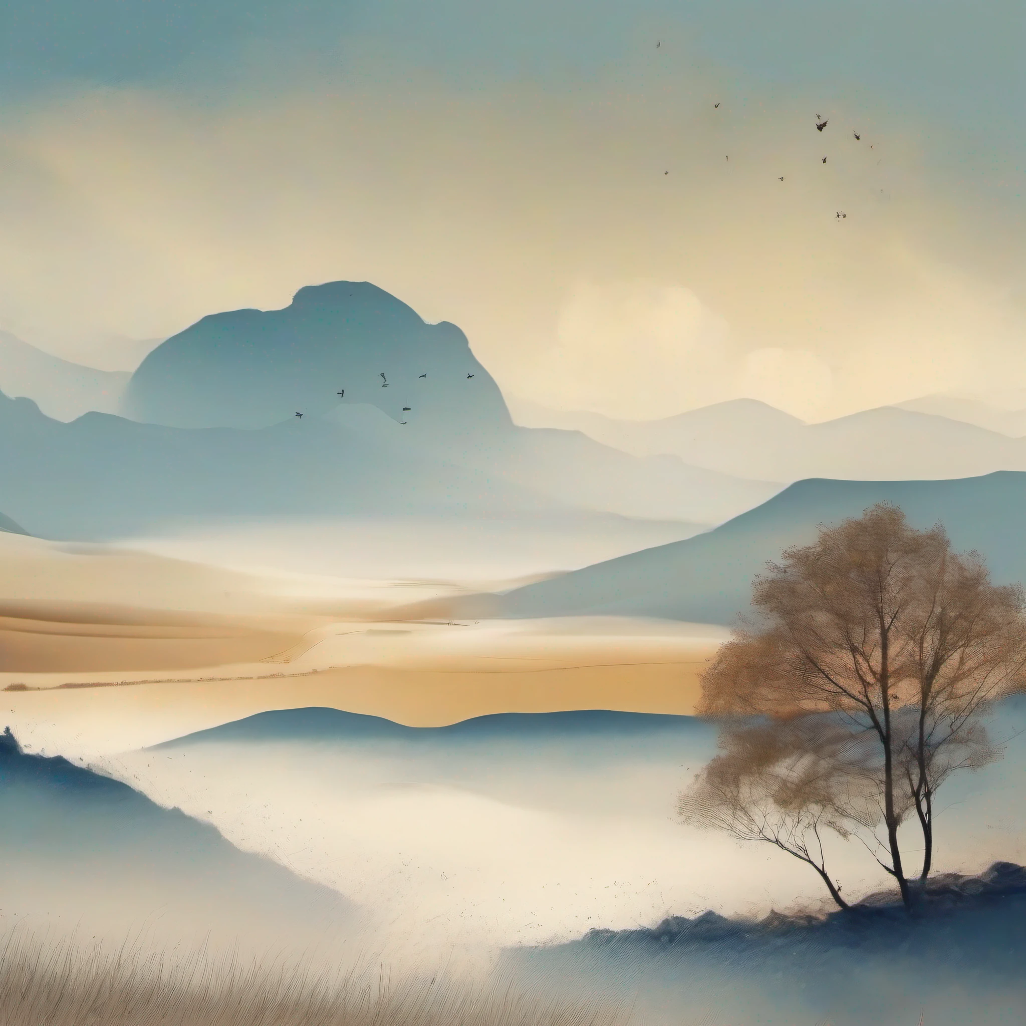 (minimal style)+(Poster cover)+(stunning images)+(Light beige background)+(The second half of the landscape ink painting, The upper part gradually changes to an iron-blue sky)+(The left and right themes of the picture are clearly separated)+(Simple atmosphere)+(Bright tones)+(No shadow)+(The picture is blurry)+(Background bokeh)