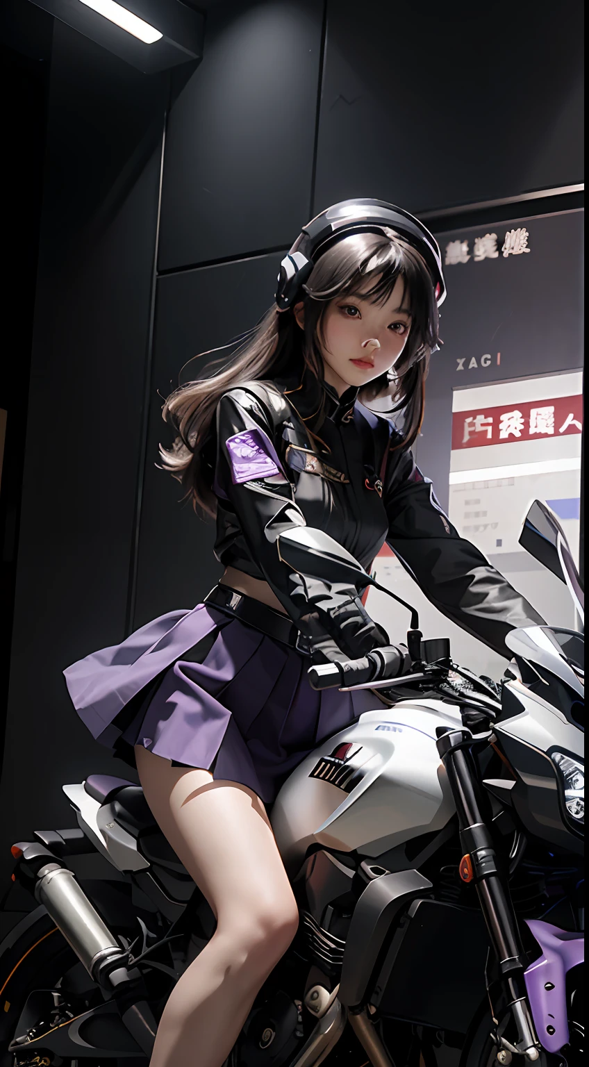 Highest image quality,Outstanding details,超高分辨率,(Fidelity:1.4),The best illustration,Favor the details,Highly cohesive 1girl,He has a delicate and beautiful face,dressed in black and purple mecha,wearing a mech helmet,Hold the direction controller,Riding on a motorcycle,1girll,short skirt,ventania,The background is a high-tech lighting scene in the future city。
