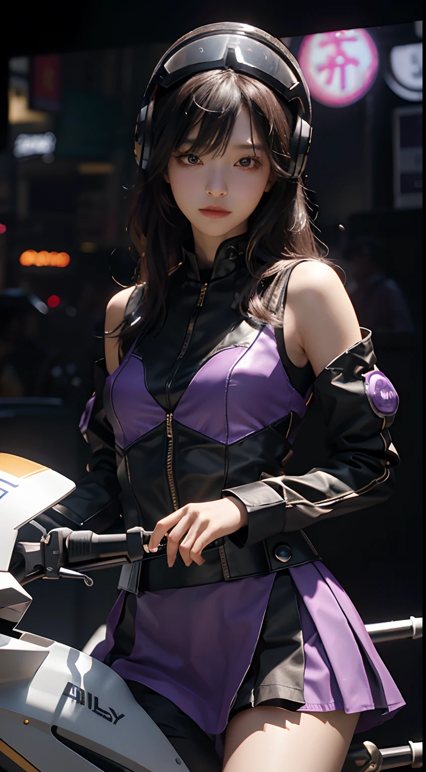Highest image quality，Outstanding details，超高分辨率，（Fidelity：1.4），The best illustration，Favor the details，Highly cohesive 1girl，He has a delicate and beautiful face，dressed in black and purple mecha，wearing a mech helmet，Hold the direction controller，Riding on a motorcycle，1girll，short  skirt，ventania，The background is a high-tech lighting scene in the future city。