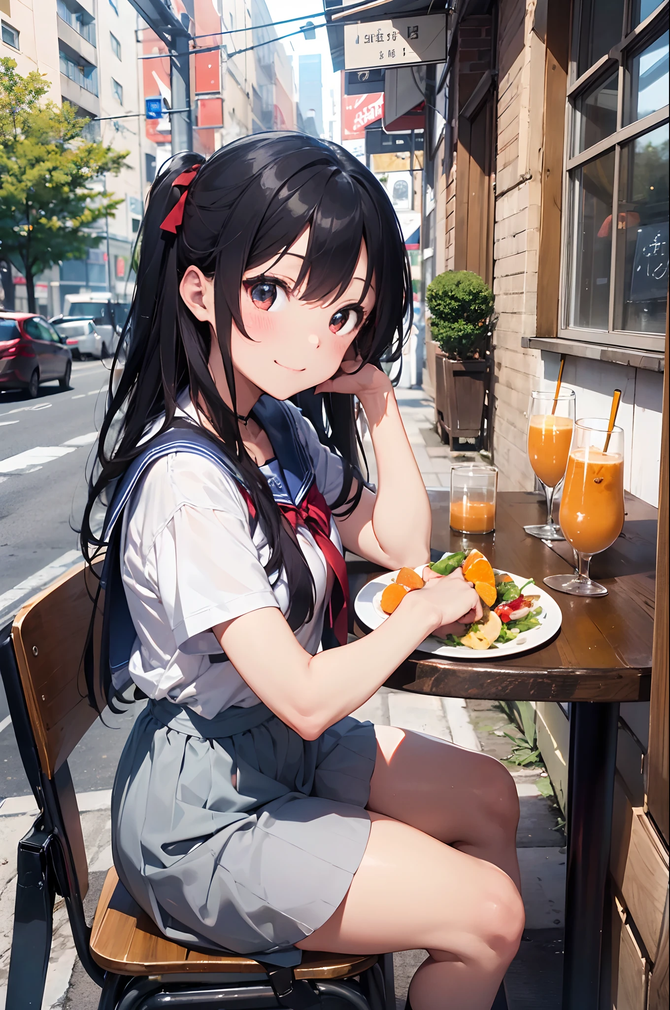 (8K, Raw photography, top-quality, masterpiece:1.2), 1girl in, 3 d, Look straight at the other person、A dark-haired、The long-haired、Lunch at a café、Salad on the table with orange juice and forks、sitting on、、Short sleeve sailor suit、a miniskirt、Asian,A smile、