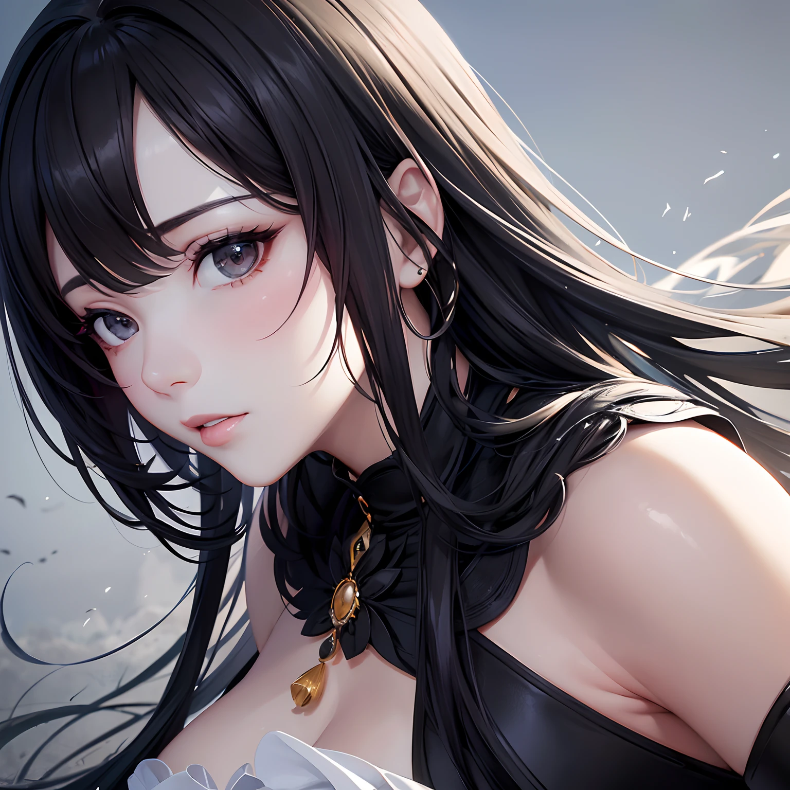 photorealistic, lip gloss, realistic, best quality, ultra high resolution, depth, pastel color, natural shading, focus on face, just face, looking at viewer, long hair, black hair, brown and well detailed eyes, black dress, gloves