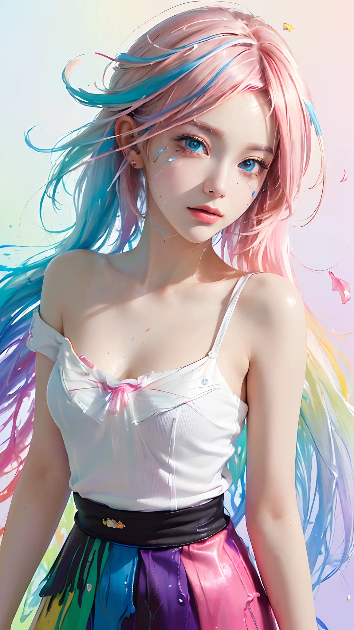 （Pink Fashion T-shirt：1.9），(Colorful hair: 1.8), (all the colours of the rainbow: 1.8),(((((vertical painting：1.6))), （painting：1.6），front, comics, illustrations, paintings, large eyes, crystal clear eyes,（ rainbow color gradient high ponytail：1.7）, exquisite makeup, closed mouth,(Small Fresh: 1.5),(Wipe Chest: 1.6) ，long eyelashes, white off shoulder T-shirt,  White Shoulder Shirt，looking at the audience, large watery eyes, (rainbow colored hair：1.6), color splash, （solo：1.8）, color splash, color explosion, thick paint style, messy lines, ((shining))，(colorful), (colorful), (colorful), colorful, Thick Paint Style, (Splash) (Color Splash), Vertical Painting, Upper Body, Paint Splash, Acrylic Pigment, Gradient, Paint, Highest Image Quality, Highest Quality, Masterpiece, Solo, Depth of Field, Face Paint,  colorful clothes, (Elegant: 1.2), gorgeous,long hair, wind, (Elegant: 1.3), (Petals: 1.4)，(((masterpiece))),(((best quality))),((ultra-detailed)),(illustration),(dynamic angle),((floating)),(paint),((disheveled hair)),(solo),(1girl) , (((detailed anima face))),((beautiful detailed face)),collar,bare shoulders,white hair, ((colorful hair)),((streaked hair)),beautiful detailed eyes,(Gradient color eyes),(((colorful eyes))),(((colorful background))),(((high saturation))),(((surrounded by colorful splashes))),