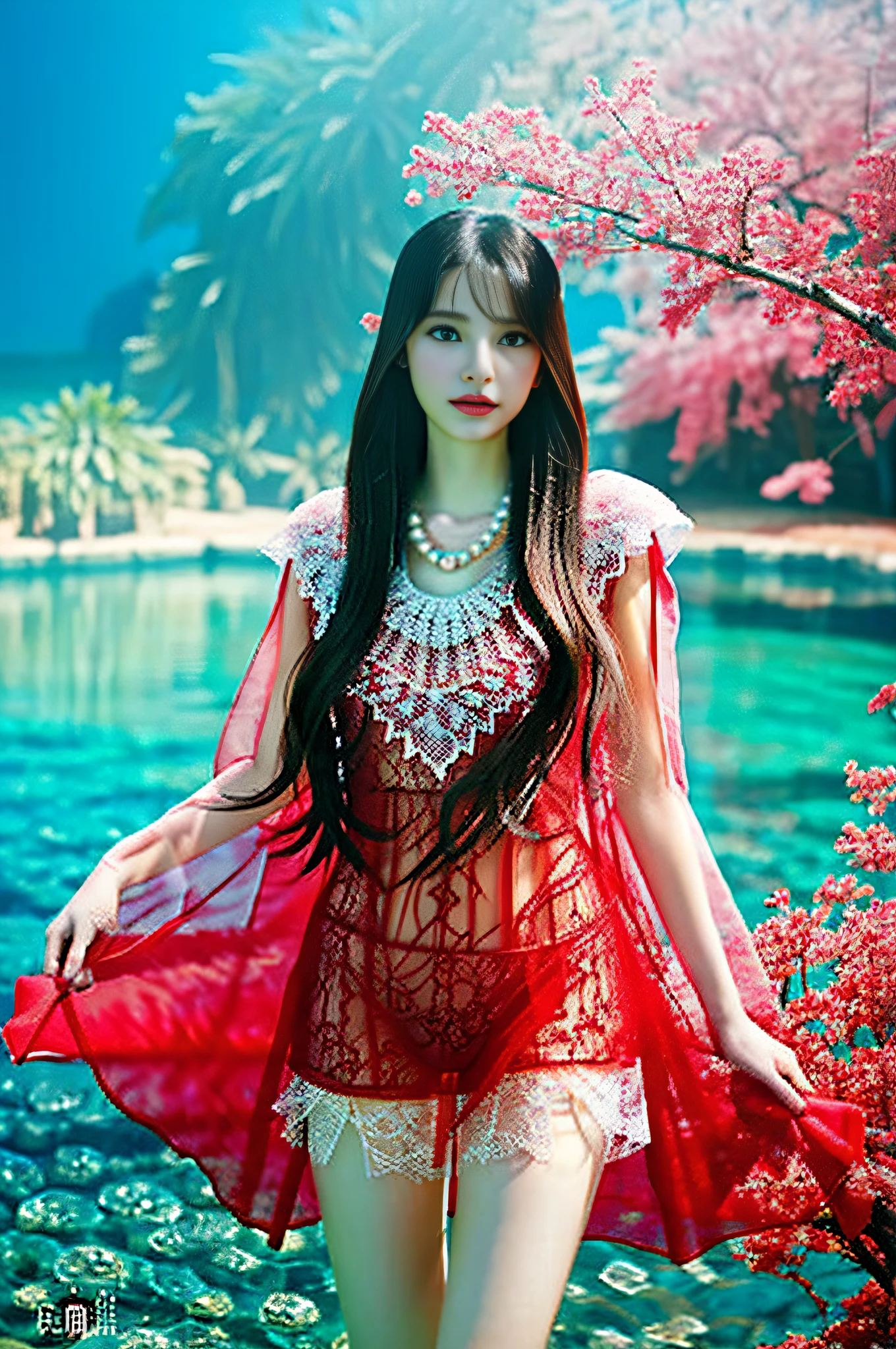 Attractive girl in red transparent gauze lace in the sea，Wearing a pearl necklace,Embracing a man, Guviz-style artwork, colorfull digital fantasy art, closeup fantasy with water magic, fantasy beautiful, beautiful digital works of art, queen of the sea mu yanling, Fantasy Art Style, by Yang J, Beautiful beauty, beautiful gorgeous digital art，The exposure of the crotch dermis is sexy, Delicate and shiny, Thigh Shallow Ski White