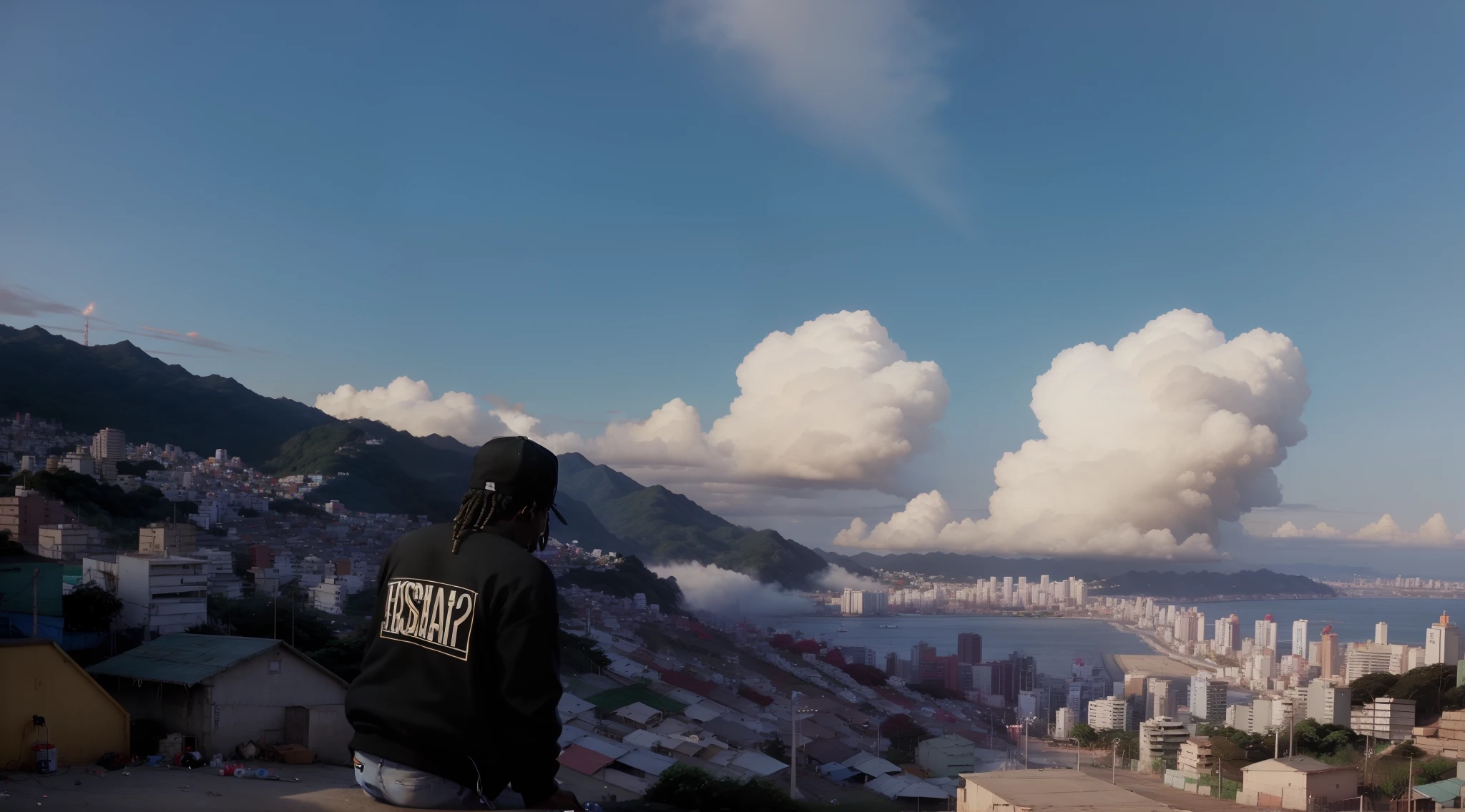Show de rapper negro, com vista para favela brasileira. Full audience, screen with the name of the artist "KDomi".