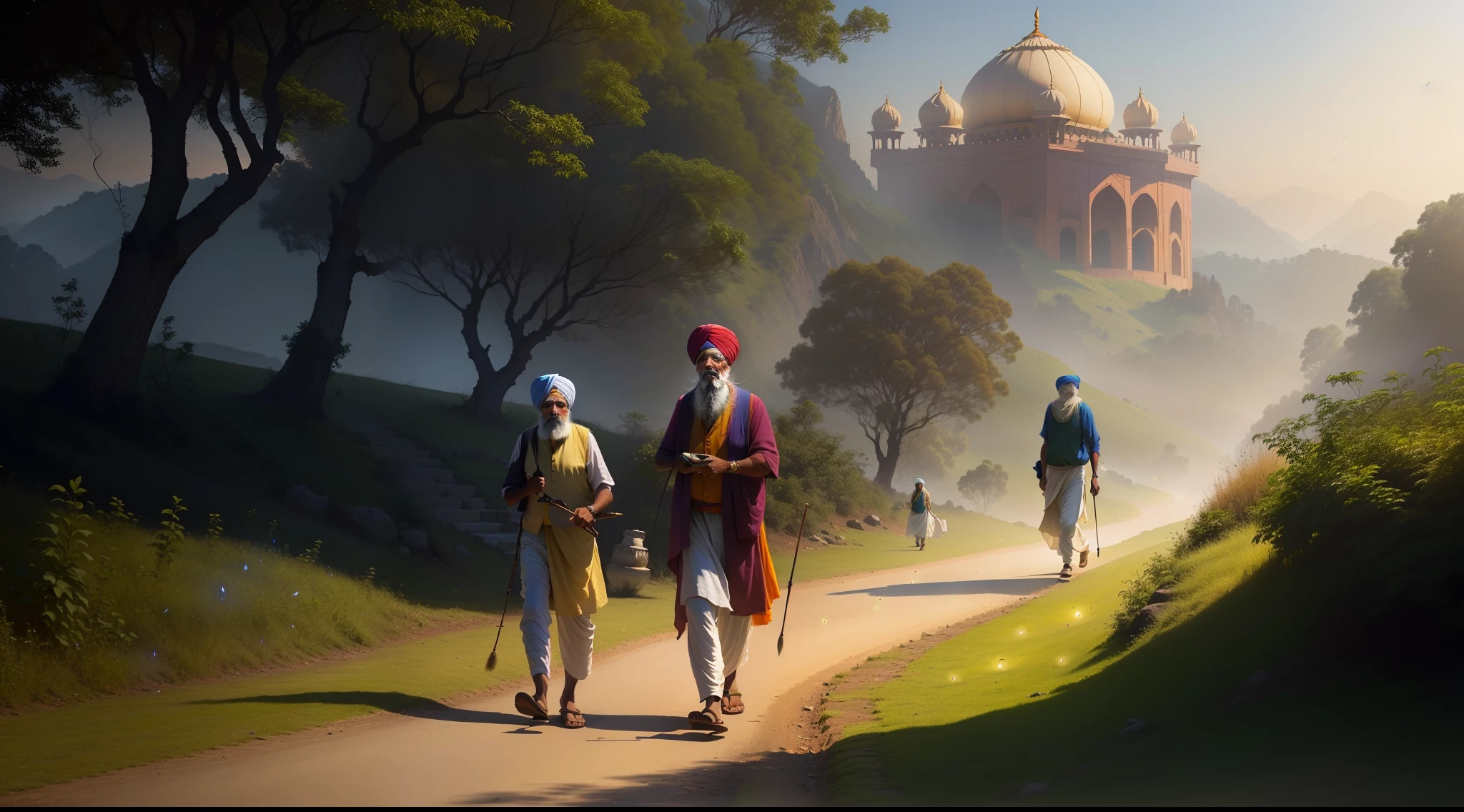 Beautiful hill and nature background of India, realistic face, 8K, fire flies around, a sikh old man walking with his 2 followers, detail in face,