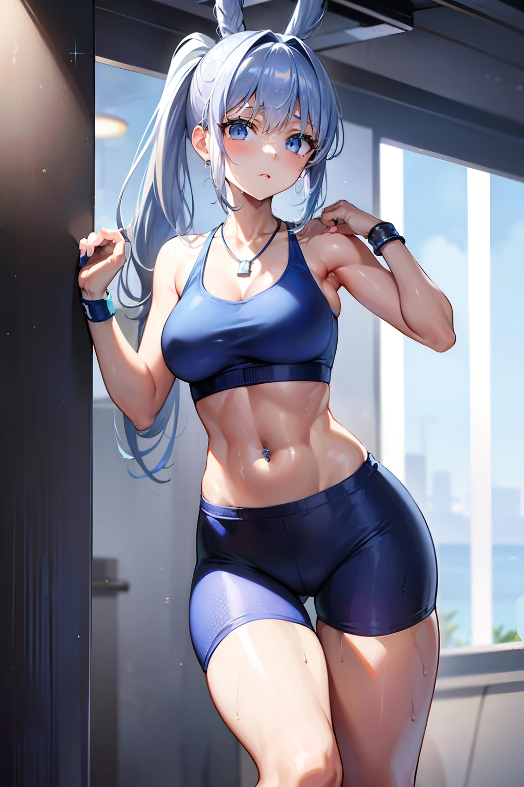 fitness gym、Wet and light fitness wear and leggings、Navel Ejection、Standing backwards with both hands on the wall、poneyTail、blue hairs、Silver necklace、wristbands、Colossal tits、perspiring、abdominals、belly button piercing