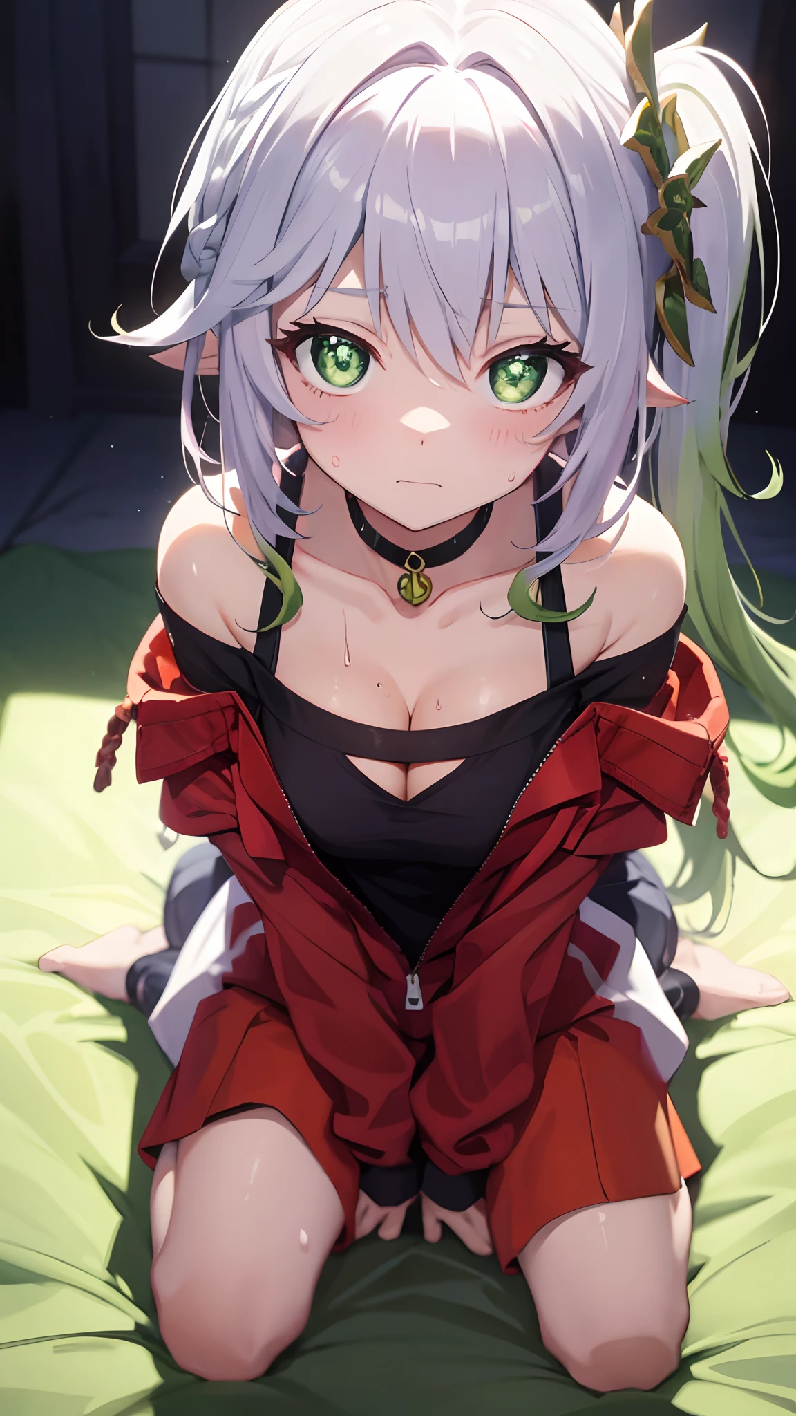 tmasterpiece,best qualtiy,Fine and detailed,A high resolution,Extremely Delicately Beautiful,(whaite hair),Close-up Shot Shot,(Green eyes),(Sweaty),Be red in the face,cleavage,Off-the-shoulder attire,Full body photo,perfect bodies,