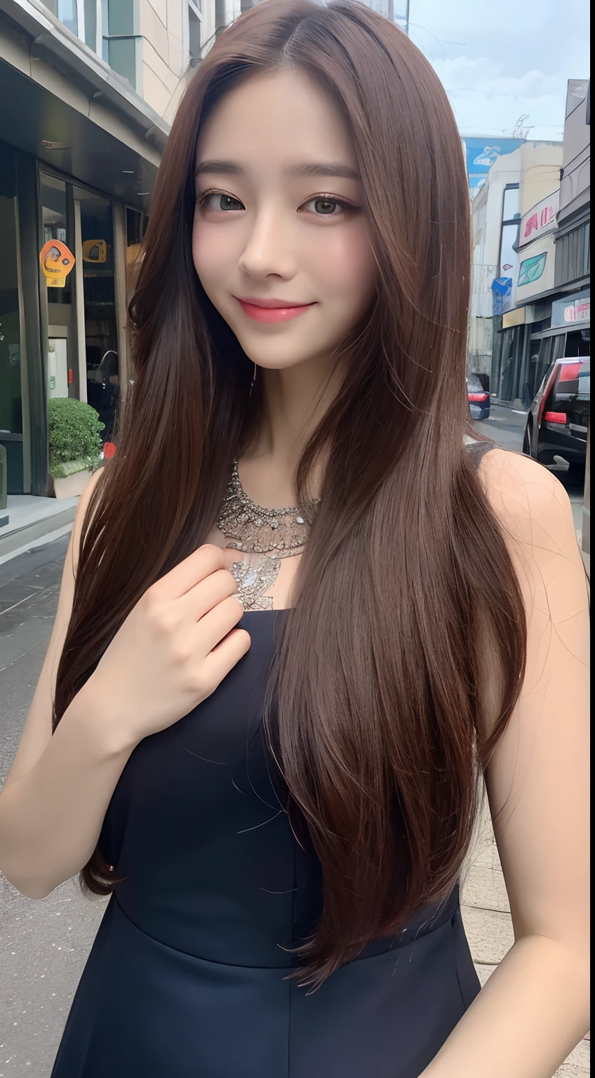 seed:2020674263.((Full body angle:1.1)).((Highest quality, 8k, masterpiece:1.3)), ((from below:1.1)).concentrated:1.2, Perfect body beauty:1.4, Hips:1.2, ((Delicate Hair)), (Colorful waist cinematographed dress :1.1) , ((Highest quality、8k、masterpiece:1.3))、1girl、A sloppy smile、Esbian all over body、Slim face、Big 、Beautiful woman、(Dark Brown Hair)、Long Hair、1.1、Flickering Valley、Detailed eyes、double eyelid、Blurred Background、超Slim face、Smile、Looking down、stroll、