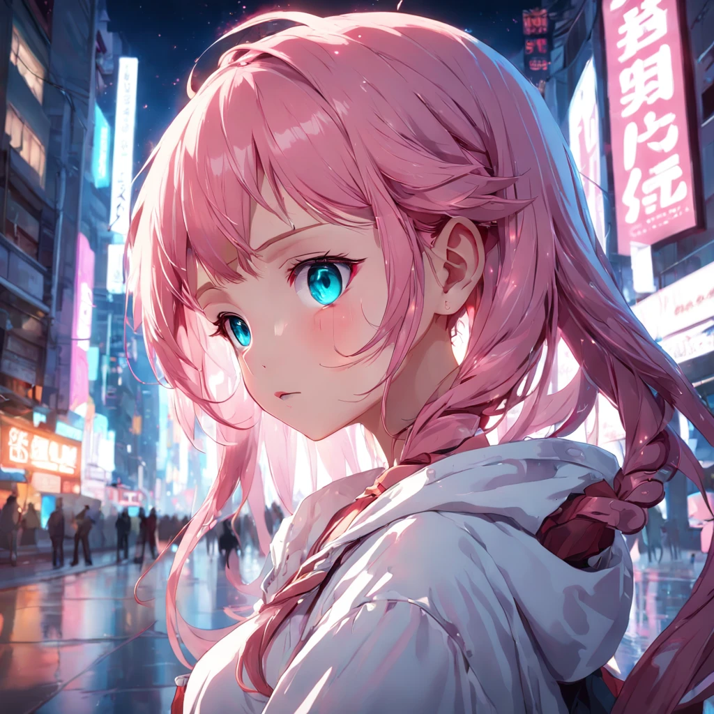 1girl, solo, loli, petite, (very_long_hair), (pink_hair:1.2), braids, (red_eyes), medium_breasts, (white_shirt:1.5), (windbreaker), (off_shoulder:1.2), (portrait), glowing_eyes, background_light, (cityscape:1.5), (neon_lights:1.2), (shushing:1.2),(science), cyberpunk, ((masterpiece)), (highres), (best_quality), (highly_detailed), (original),(Delicate background),(extremely detailed 8K wallpaper),cinematic lighting, volume lighting, light particles, shaded_face, beautiful_detailed_eyes, depth_of_field, perspective,