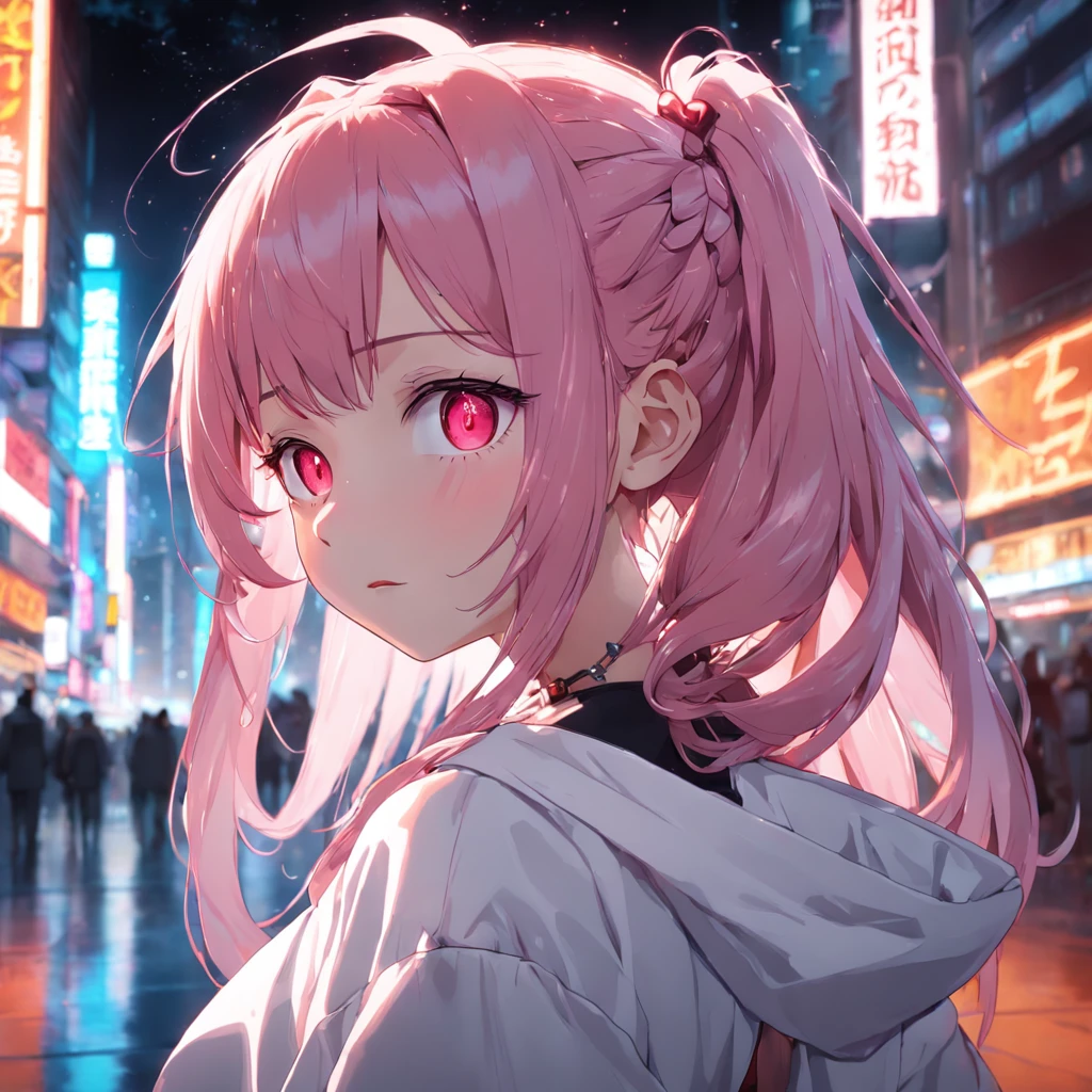 1girl, solo, li, pee, (very_long_hair), (pink_hair:1.2), braids, (red_eyes), medium_breasts, (white_shirt:1.5), (windbreaker), (off_shoulder:1.2), (portrait), glowing_eyes, background_light, (cityscape:1.5), (neon_lights:1.2), (shushing:1.2),(science), cyberpunk, ((masterpiece)), (highres), (best_quality), (highly_detailed), (original),(Delicate background),(extremely detailed 8K wallpaper),cinematic lighting, volume lighting, light particles, shaded_face, beautiful_detailed_eyes, depth_of_field, perspective,