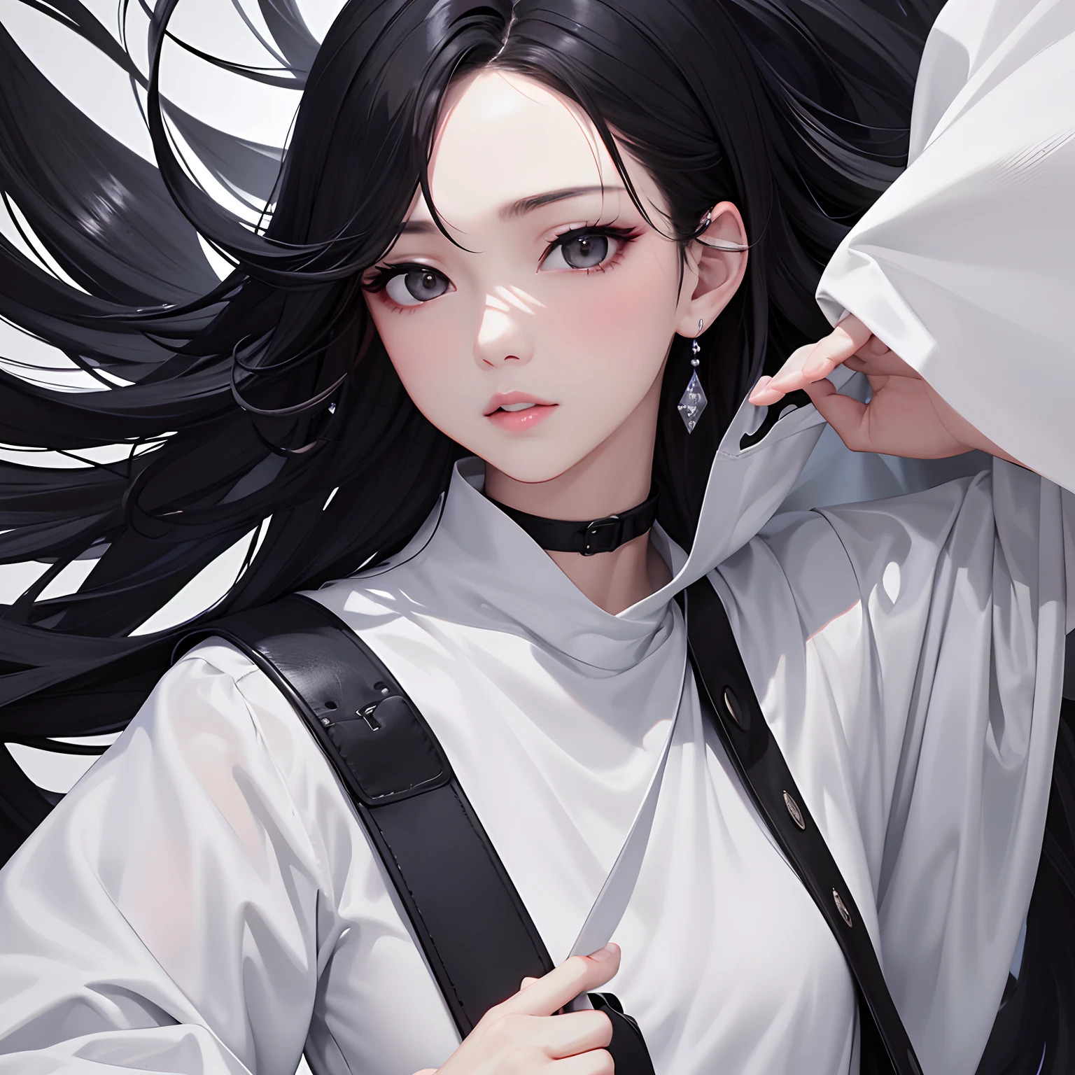 masterpiece、top-quality、hight resolution、High-quality images、8K、1womanl、detaileds、Detailed eye depiction、skin gloss、Lustrous black hair Monochrome grayscale、Nomiya、portlate、Where the wind goes