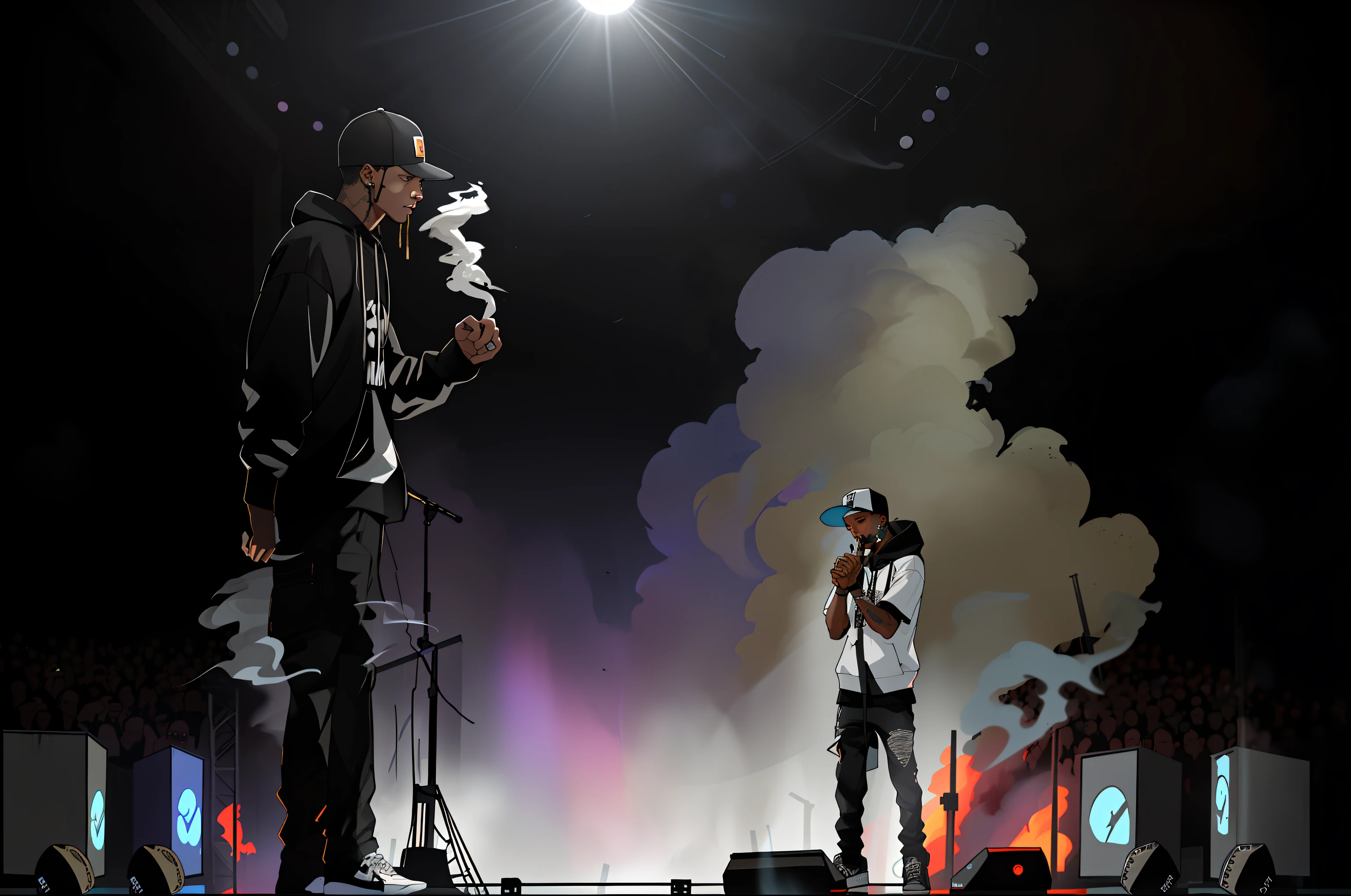 There's a rapper on stage at the show, in front of smoke behind, rap no palco do festival, smoke and gas, Apresentando-se no palco, aceso de lado, smoke in front, in clouds of smoke, In front of the dark smoke, no palco, atmosfera fumegante, with smoke, cena de rap