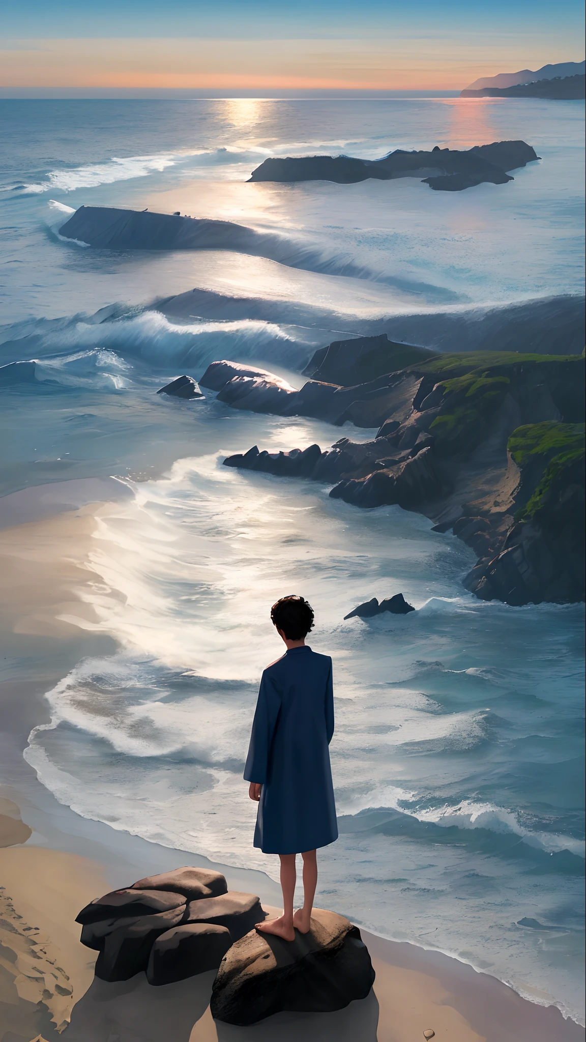 arafed man standing on a rocky beach next to the ocean, standing at the beach, at the sea, ocean in the background, at a beach, standing near the beach, the ocean in the background, in the beach, khyzyl saleem, at the beach, around 1 9 years old, sea in the background, the sea in the background