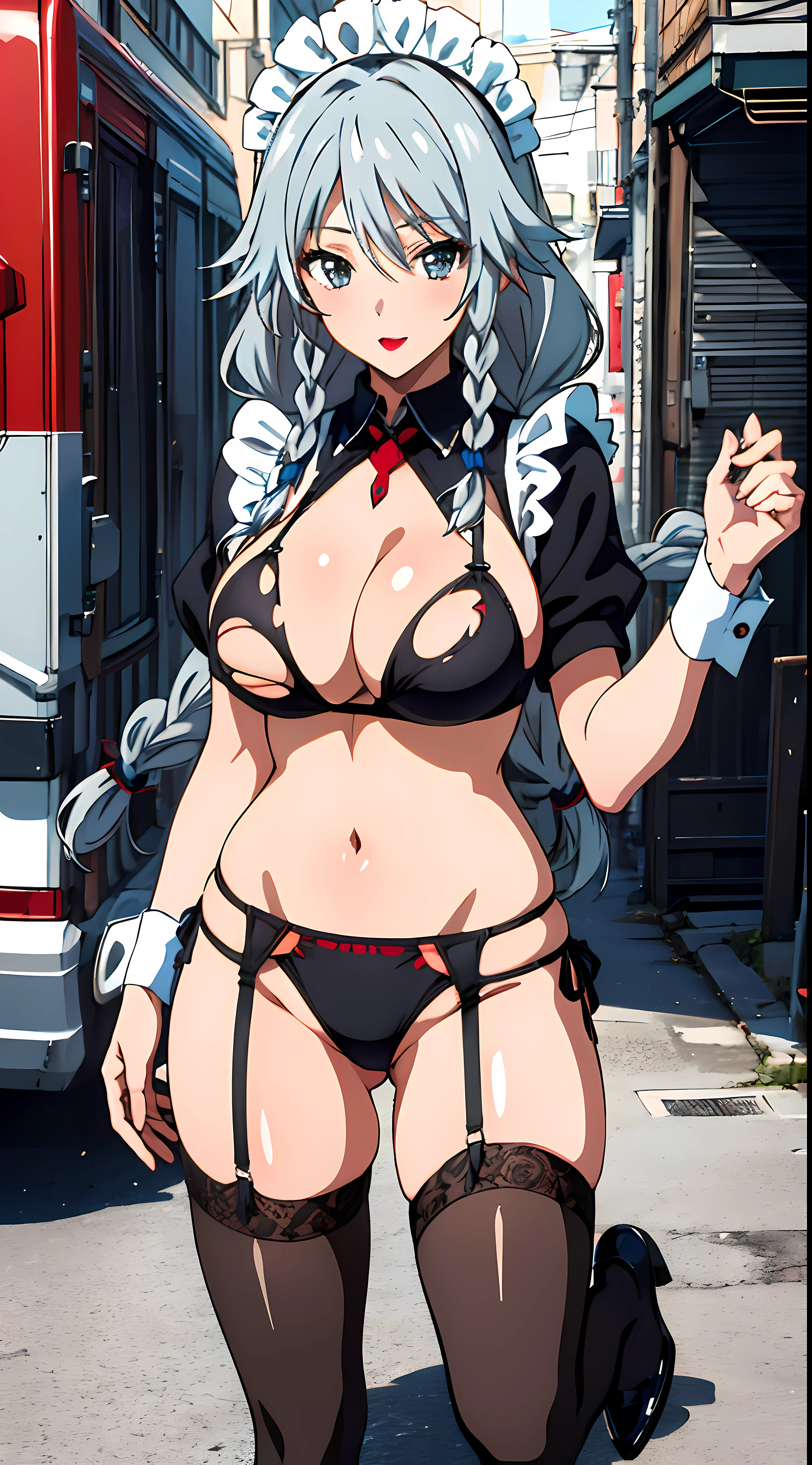 ((masterpiece)),((best quality)),ultra-detailed,illustratio,Grayfia Lucifuge,1girl, solo, red lips, lipstick, torn clothes, maid headdress, braid, twin braids, makeup, grey eyes, grey hair, thighhighs, large breasts, breasts, covered , swimsuit, torn thighhighs, long hair, garter straps, bikini, wrist cuffs,wallpaper,ultra highres,4K,(Beautiful, large breasts:1.2),(beautiful face:1.2),(narrow waist),shiny skin,official style,anime screencap,(full body:1.2),anime coloring,mature female, (upper body, half body shot)