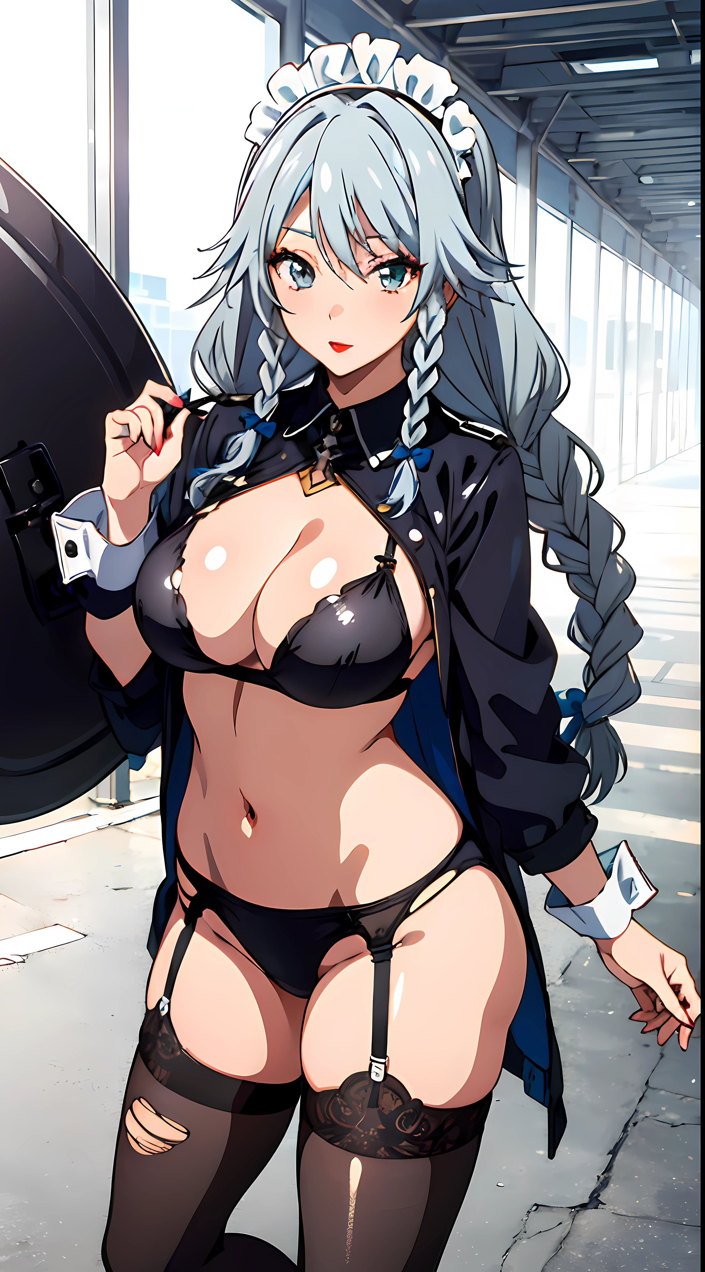 ((masterpiece)),((best quality)),ultra-detailed,illustratio,Grayfia Lucifuge,1girl, solo, red lips, lipstick, torn clothes, maid headdress, braid, twin braids, makeup, grey eyes, grey hair, thighhighs, large breasts, breasts, covered , swimsuit, torn thighhighs, long hair, garter straps, bikini, wrist cuffs,wallpaper,ultra highres,4K,(Beautiful, large breasts:1.2),(beautiful face:1.2),(narrow waist),shiny skin,official style,anime screencap,(full body:1.2),anime coloring,mature female, (upper body, half body shot)