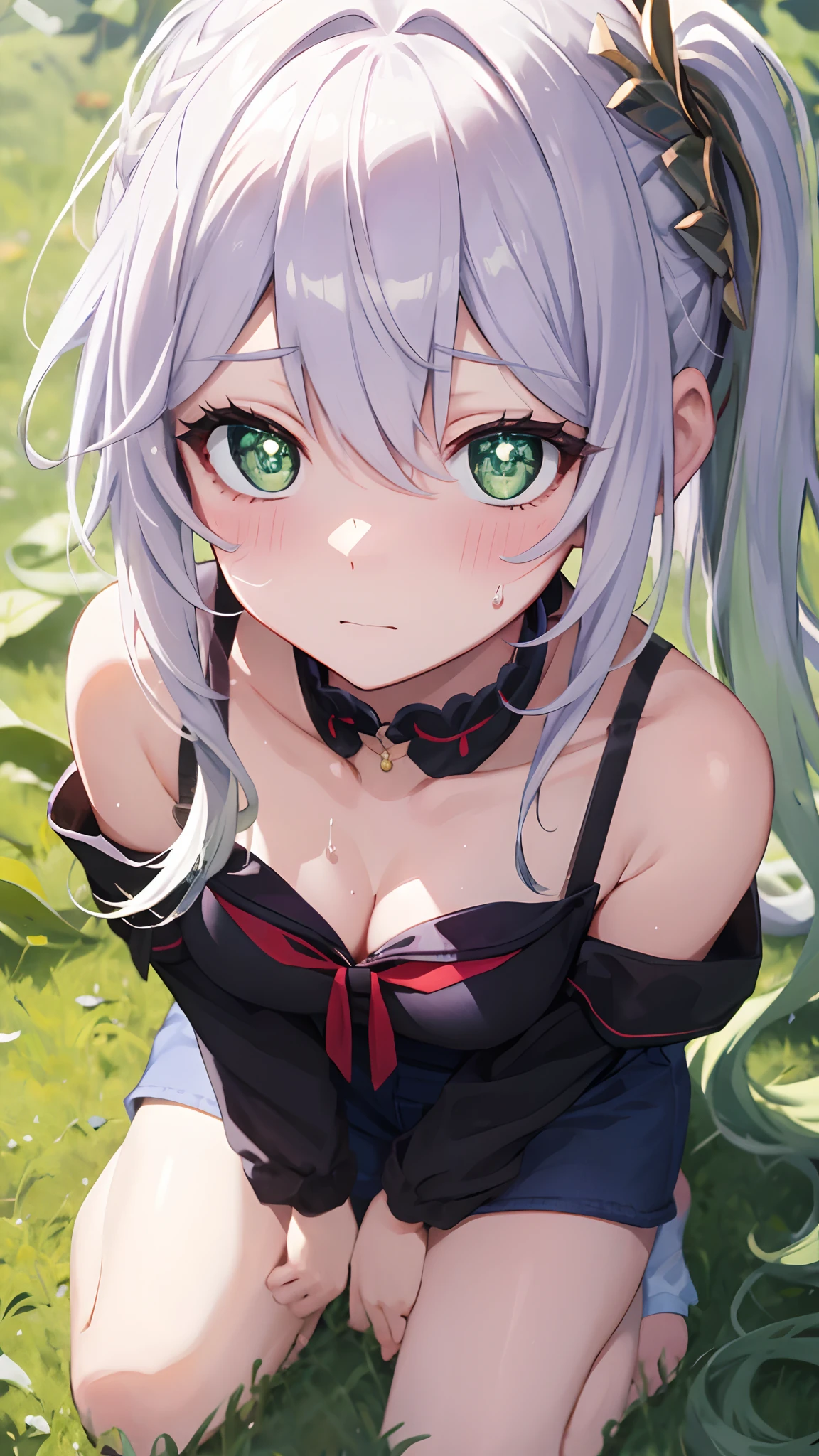 tmasterpiece,best qualtiy,Fine and detailed,A high resolution,Extremely Delicately Beautiful,(whaite hair),Close-up Shot Shot,(Green eyes),(Sweaty),Be red in the face,cleavage,Off-the-shoulder attire,Full body photo,perfect bodies,