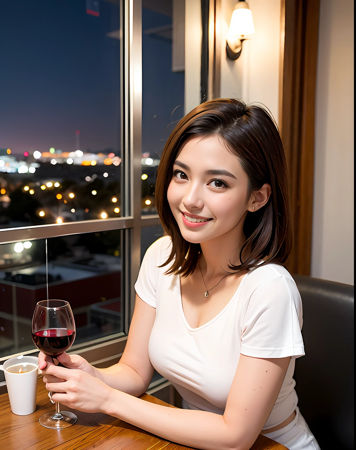 (64K, UHD, top quality, masterpiece: 1.2), (realistic, photorealistic: 1.37), super detailed, pretty woman 1 person, (slim face), (slim body), (brown hair), (short cut), cheeks slightly blushing, (44 years old), 38 years old, solo, beautiful detailed urban night view outside the window, restaurant, wine glasses sit, at night, in a prominent placeNovaFrogStyle, Actress, Model, Waist Up, White Wine, Slim, Wine Glass, Super Clean Night View, Wine Glass Put in the Middle, Happy Smile, (Smile: 1.15), Beautiful Fine Eyes, Upper Body, Bust Japan Up, Night, Short, Short, Actress, Model, Waist Up, White Wine, Slim, Wine Glass, Super Clean Night View, Wine Glass Put in the Middle, Happy Smile,