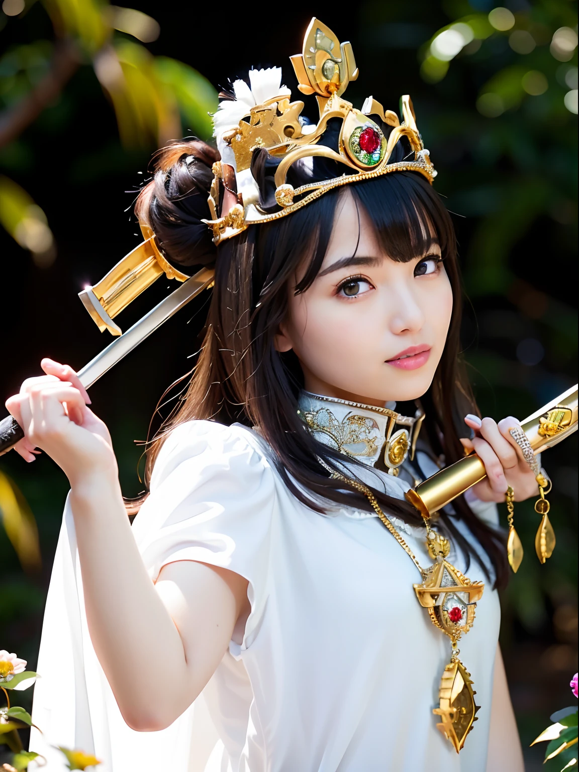 (masutepiece), Professional , ​masterpiece、top-quality、photos realistic , depth of fields （Gemstone Silver Metal Body:1.９),(Matte White、Jewel Gold Weapon（Jewel Metal Body:1.４),Gorgeous metal weapons ,（Swarm of goblins）、 Detailed Sword of the Brave , Beautiful knife   ,warhammer 40k , adepta sororitas,Detail and ornate jewel crown、Black hair、Gangle's forest background、Beautiful Caucasian beauty、１a person、dynamic ungle,(((Detailed and ornate diamond crown)))、Smaller head、A smile、Take a sexy pose、Thin and beautiful female hands、cyanide light particles、Mystical expression、