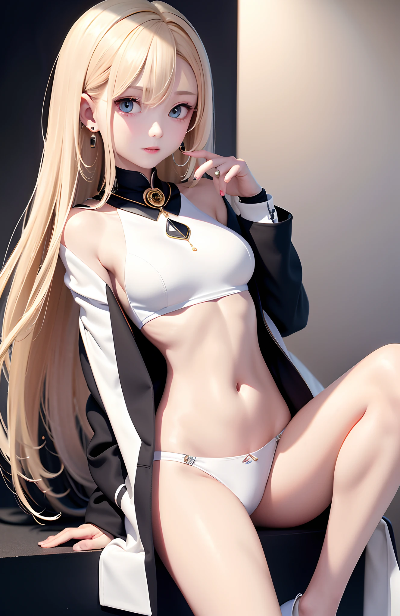 optimum,tmasterpiece,A high resolution,best qualtiy,hyper HD,super detailing,Award-Awarded,16k,独奏,(The upper part of the body),anatomy correct,beuaty girl,cute face,,Gradient Beige Hair,Hairline,((Scarlet eyes)),long eyelasher,Hanging eye corners,White skin of the,(small boobs),(Slim body),((Uniforms and short jackets)),(),ear studs,(neck rings),(Laser material clothing:1.2)