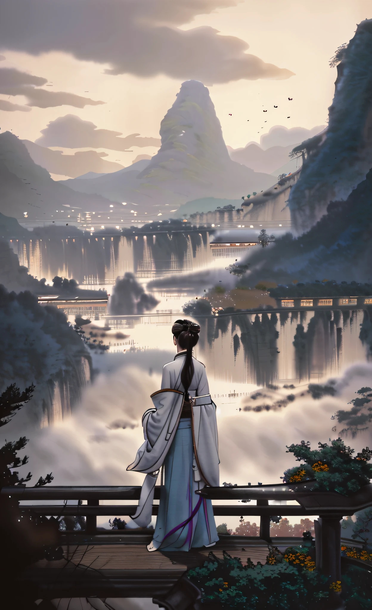 Painting a woman in a white dress standing on a bridge, ross tran. scenery background, beautiful concept art, by Raymond Han, author:Raphael Lacoste, Estilo de Raphael Lacoste, by Bayard Wu, Palace , A girl in Hanfu, concept-art | feng zhu, Beautiful rendering of the Tang Dynasty, elegant cinematic fantasy art, martin raphael lacoste