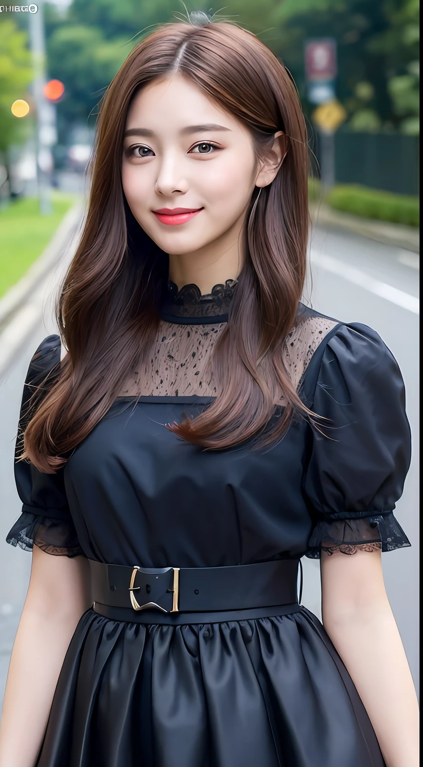((top-quality、8k、masterpiece:1.3))、1girl in、a smile、full bodyesbian、Slim Faces、Pretty women、(dark brown hair)、Full-length dresses:1.1、hyperdetailed face、A detailed eye、二重まぶた、blured background、Slim Faces、城市、takeout、a street、Real Face Pick-up Benz