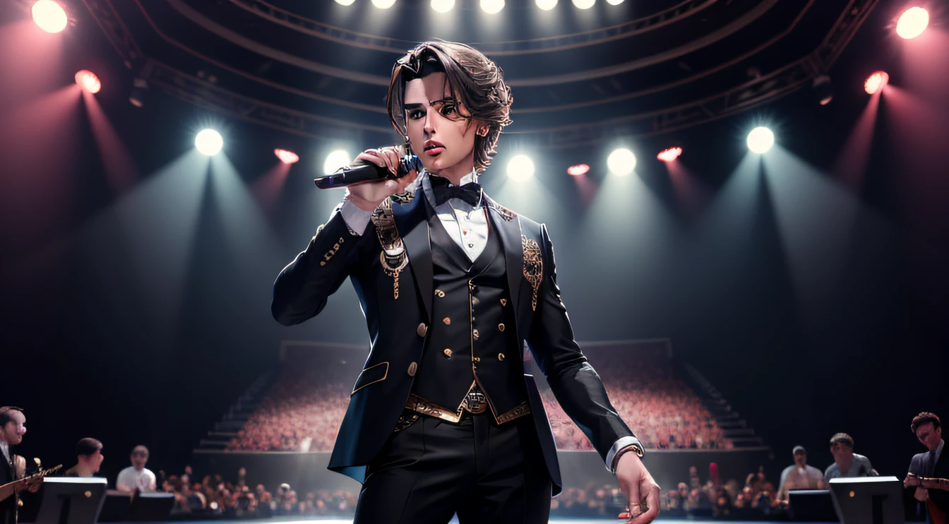 tmasterpiece,delicated,Male singer,Hold the microphone with your right hand,brunette color hair,standing on your feet,Concert,gym,full bodyesbian,Clear face,(beautiful and detailed eye:1.1),expressioness