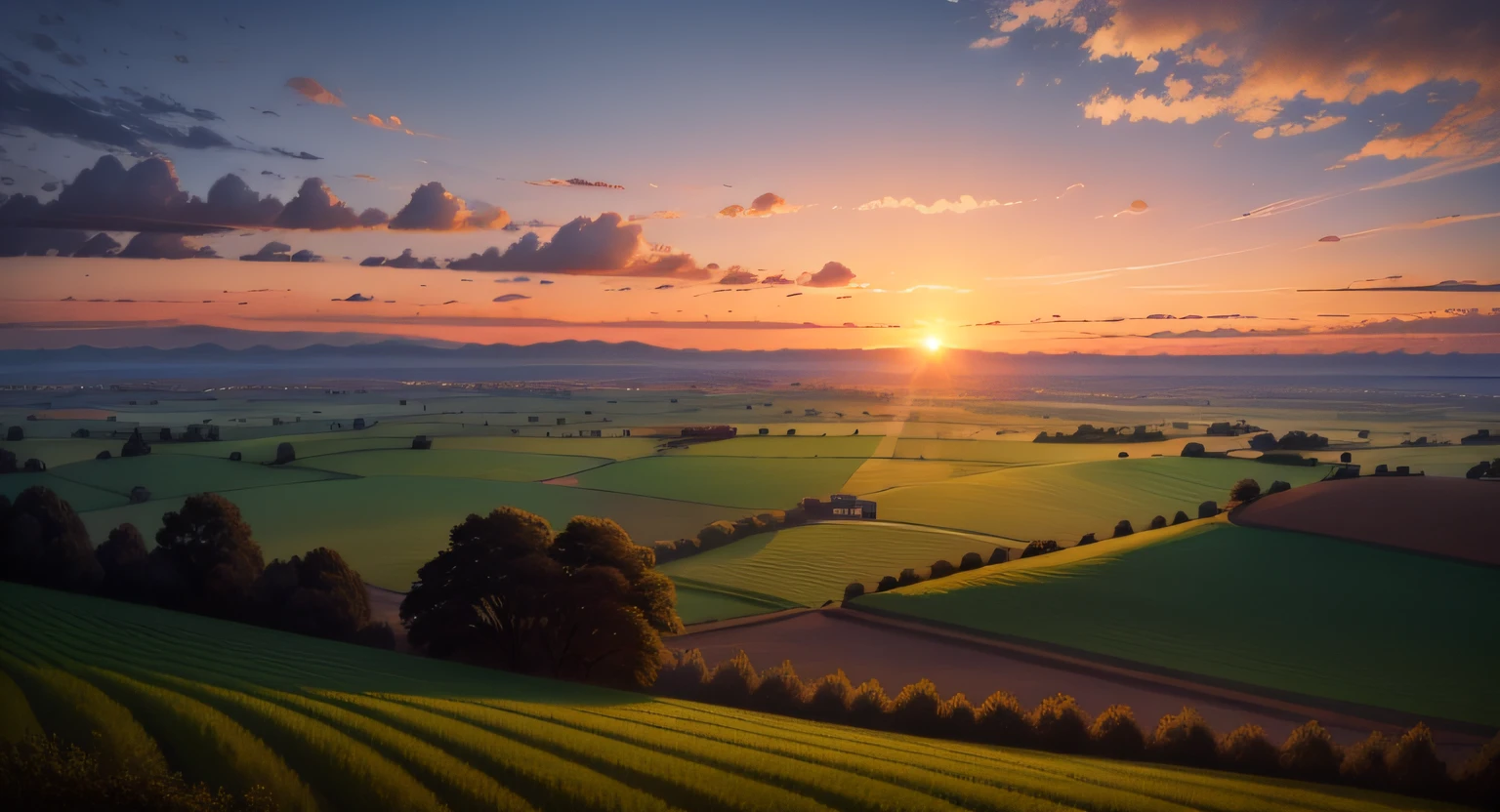 campo com trigo, o sol se pondo ao fundo, nuvens, detalhadas, realidade, paraiso do campo