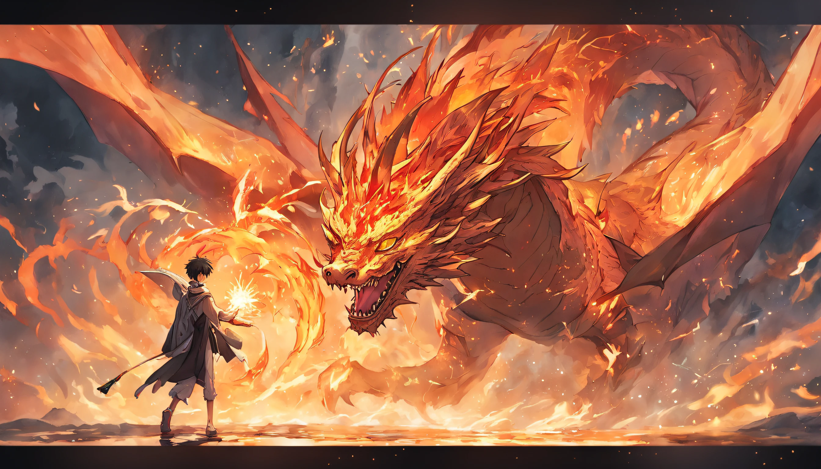 （Handsome boy riding a dragon），Holding a feather fan，Golden red fire dragon，ablaze with intensity，There was a fire in the air，Gunsmoke effect：1.5,Elongated dragon body，elevation，Faraway view，super detailing，best qualtiy，tmasterpiece，8K，Extremely detailed，Epic artwork