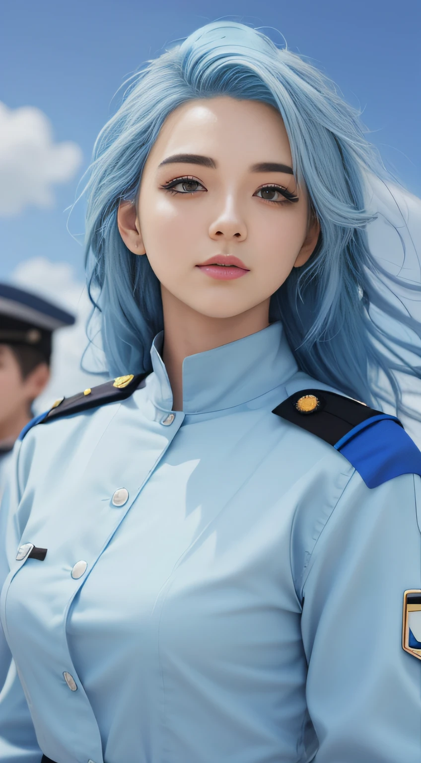 One in uniform,Close-up of blue-haired woman, Sky blue hair, Anime girl in real life, Light blue hair, beautiful blue-haired girl, with blue hair, pretty girl with blue hair, portrait anime space cadet girl, Flowing blue hair, attractive anime girls, Perfect white haired girl, Photorealistic anime, Blue hairstyle, blue hairs, Beautiful anime style