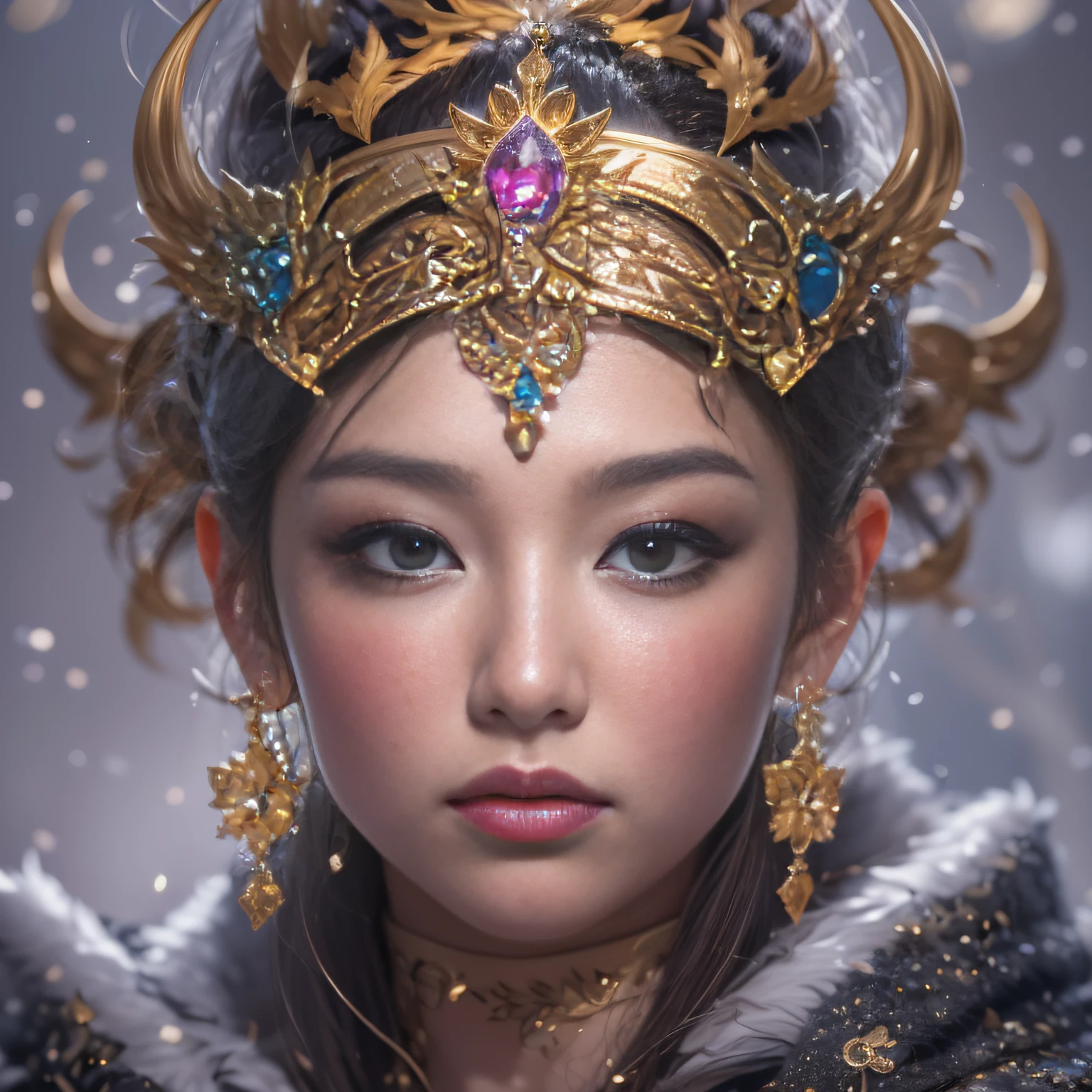 32K(tmasterpiece,k hd,hyper HD,32K)short detailed hair,Gold jewelry area in the back room,Flame Girl ,Yao Lang protector (realisticlying:1.4),Python pattern robe,Purple-pink tiara,Snowflakes fluttering,The background is pure,Hold your head high,Be proud,The nostrils look at people, A high resolution, the detail, RAW photogr, Sharp Re, Nikon D850 Film Stock Photo by Jefferies Lee 4 Kodak Portra 400 Camera F1.6 shots, Rich colors, ultra-realistic vivid textures, Dramatic lighting, Unreal Engine Art Station Trend, cinestir 800,Hold your head high,Be proud,The nostrils look at people
