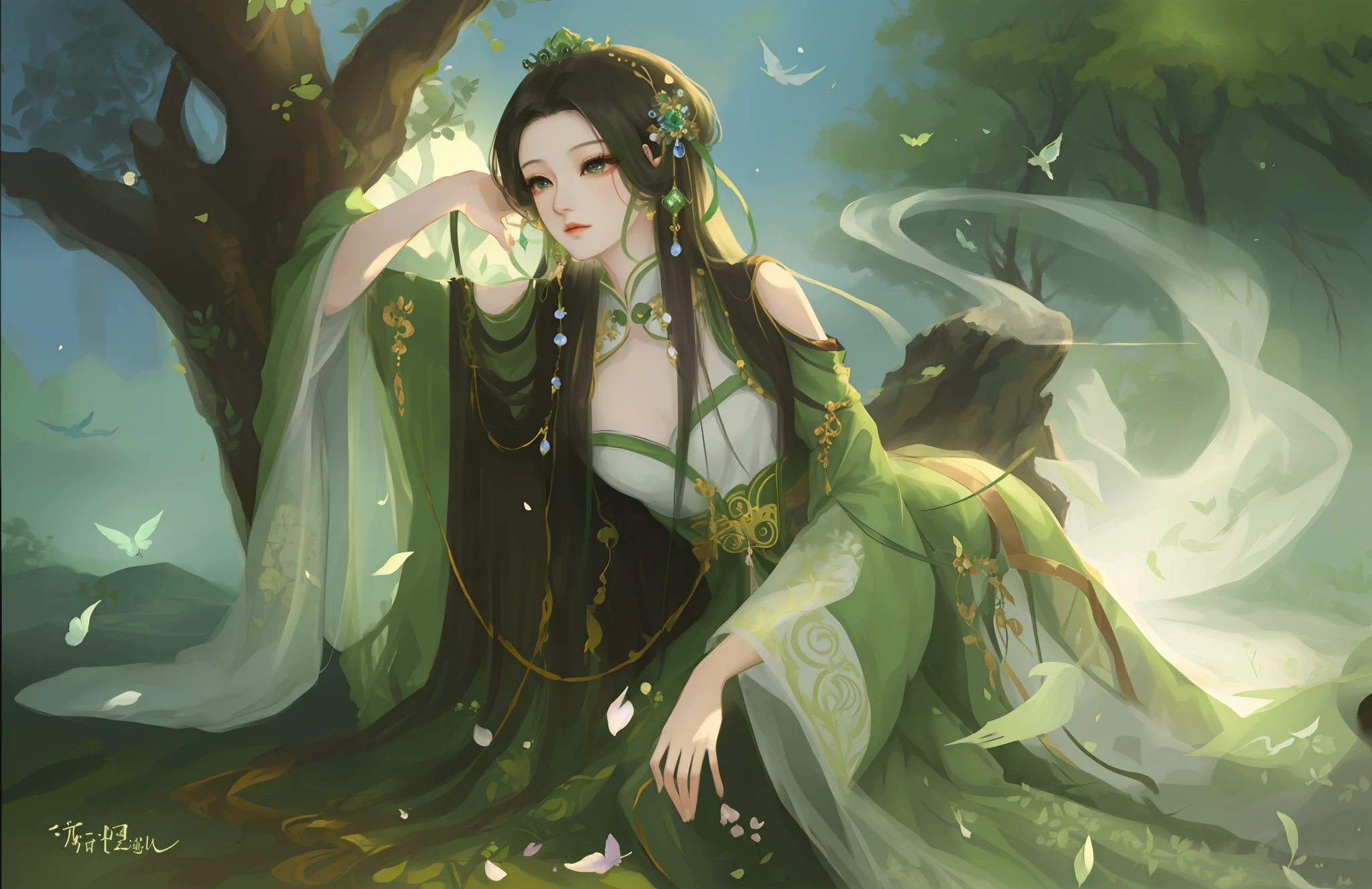 Araki woman in green dress sitting in a tree, a beautiful fantasy empress, beautiful and elegant elf queen, beautiful fantasy maiden, by Yang J, Fantasy art style, beautiful fantasy art, ((a beautiful fantasy empress)), author：Chen Lin, Palace ， A girl in Hanfu, very beautiful fantasy art, fey queen of the summer forest, Beautiful teenage girl，8k